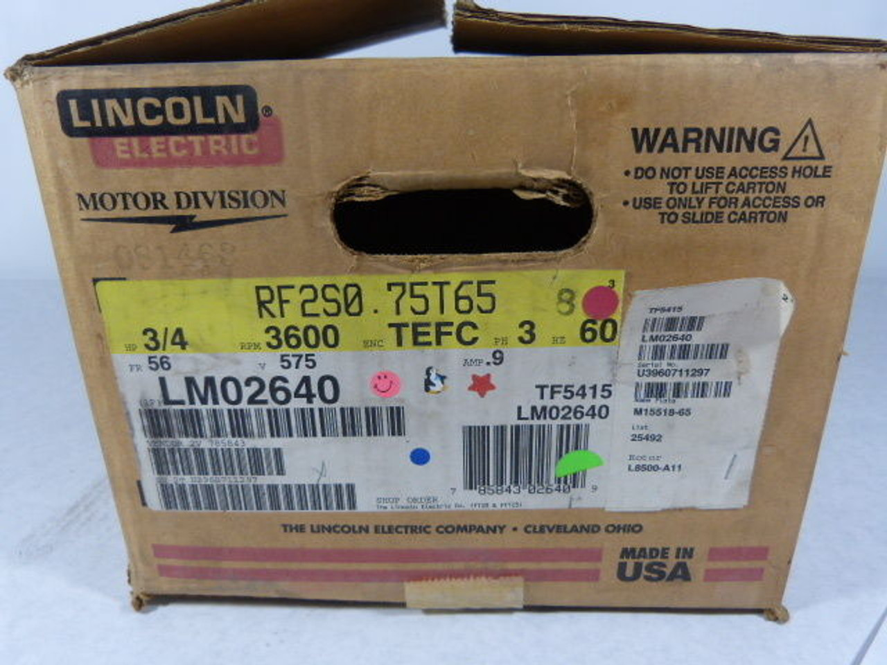 Lincoln 3/4HP 3420RPM 575V 56 TEFC 3Ph 9A 60Hz USED