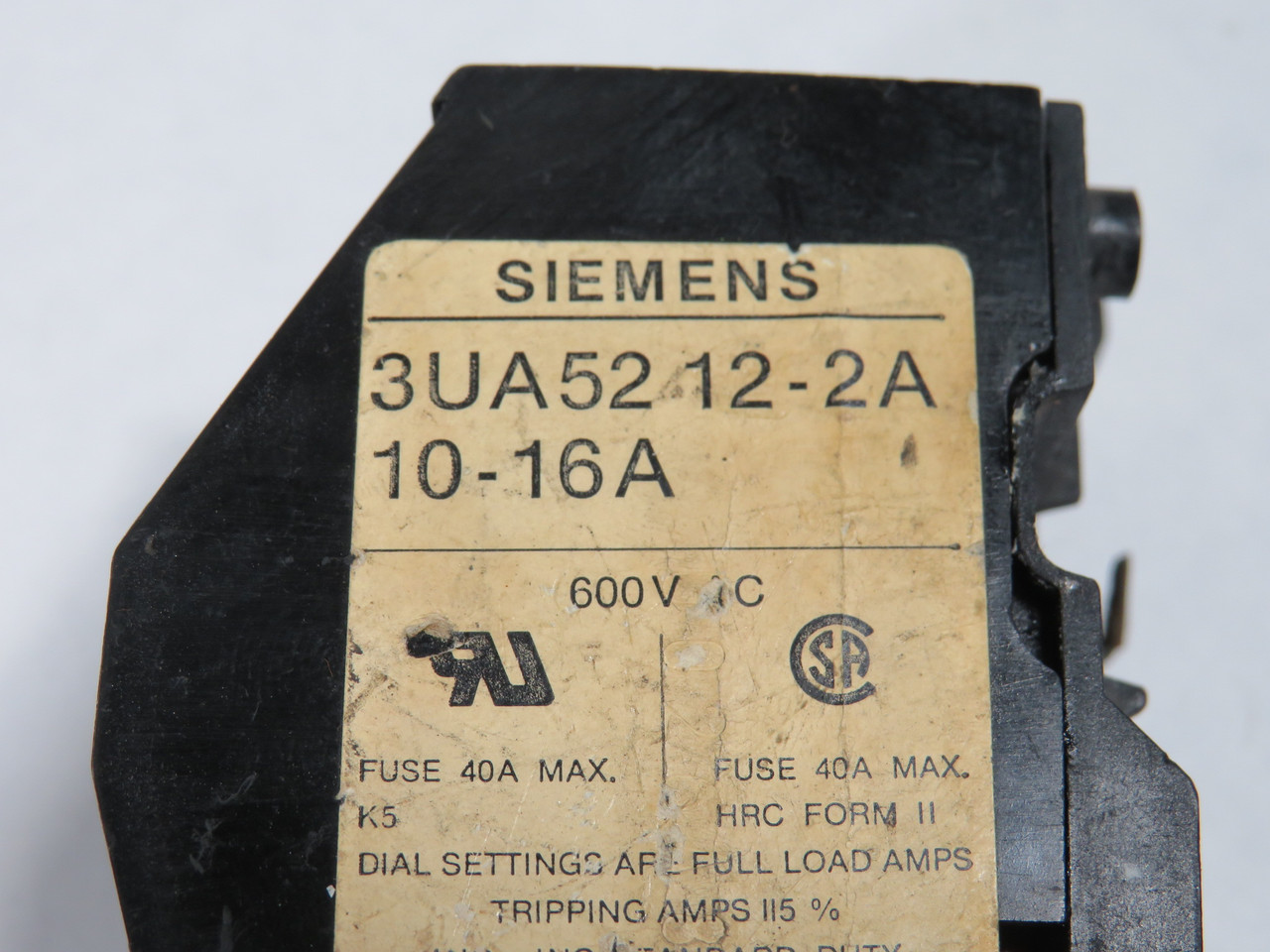 Siemens 3UA5212-2A Overload Relay 10-16A 600V USED