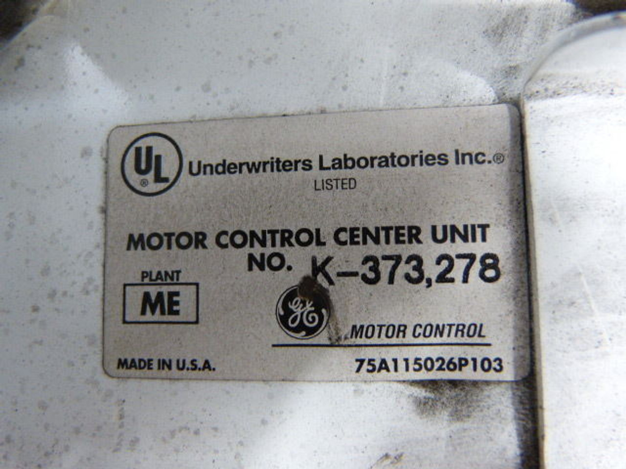 General Electric K-373-278 Motor Control Center Unit 3HP 480V 50A 60Hz USED