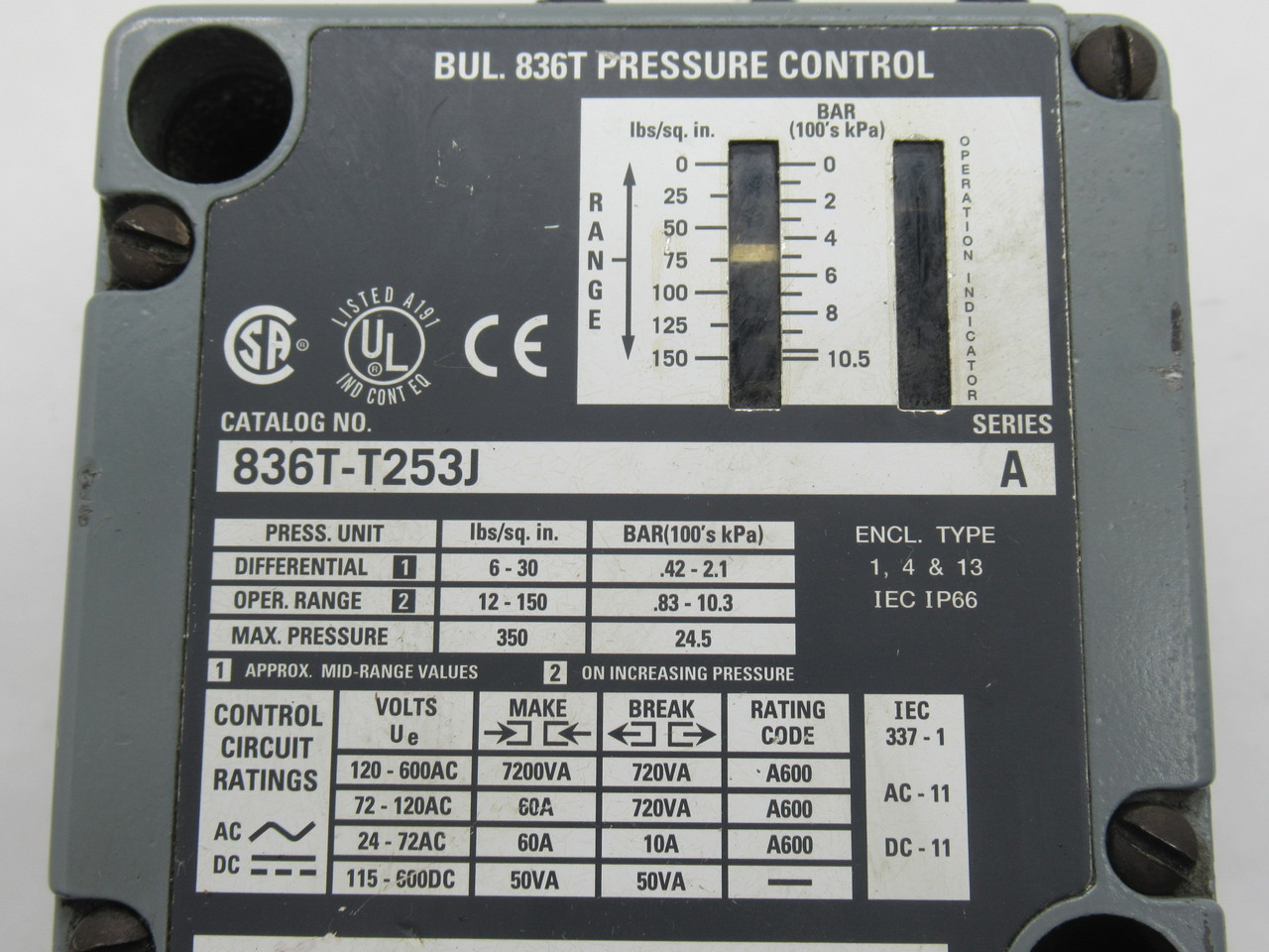 Allen-Bradley 836T-T253J Series A Pressure Control SHELF WEAR USED