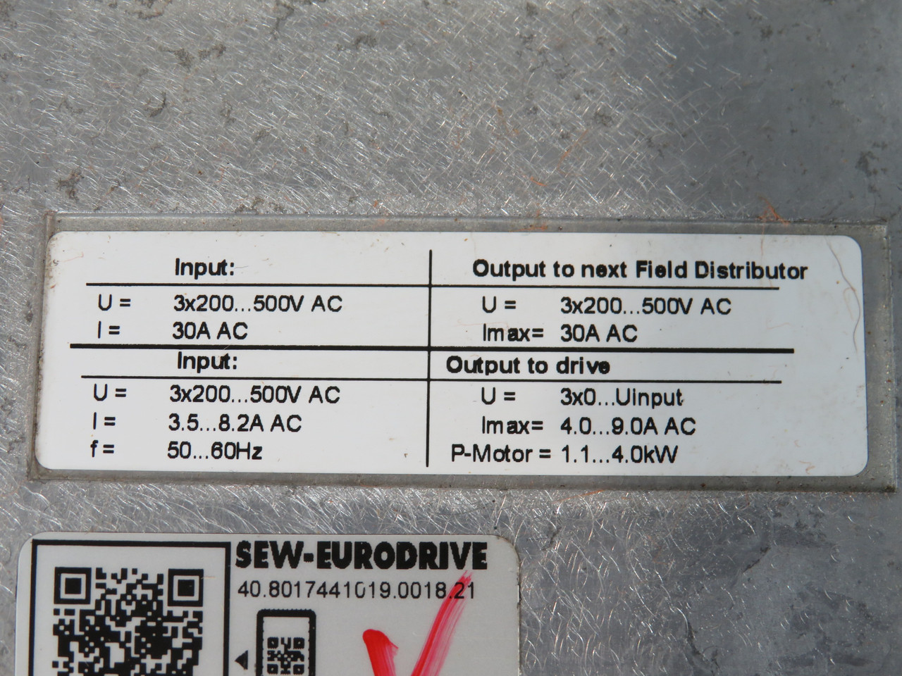 Sew-Eurodrive MFE72A/MM30D-503-00/Z28F0/BW2/AF0/AF0 Distributor MISSING H/W USED