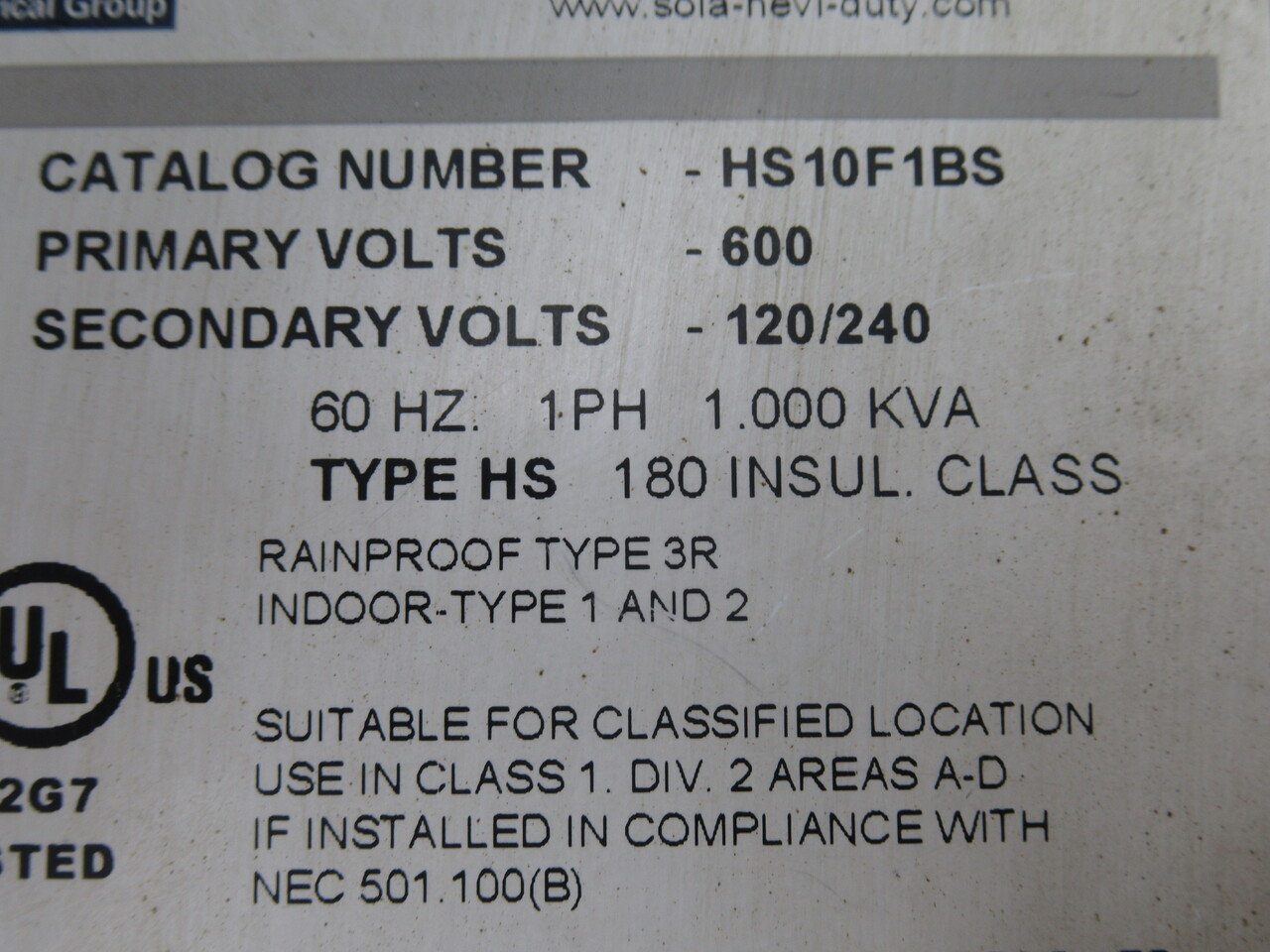 EGS HS10F1BS Hevi-Duty Transformer 1.000kVA Pri. 600V Sec. 120/240V 60Hz 1 Ph USED