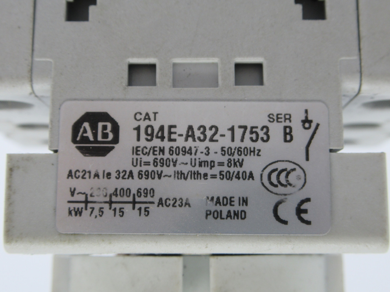 Allen-Bradley 194E-A32-1753 Series B Load Switch Base 32A 690V *CUT ROD* USED