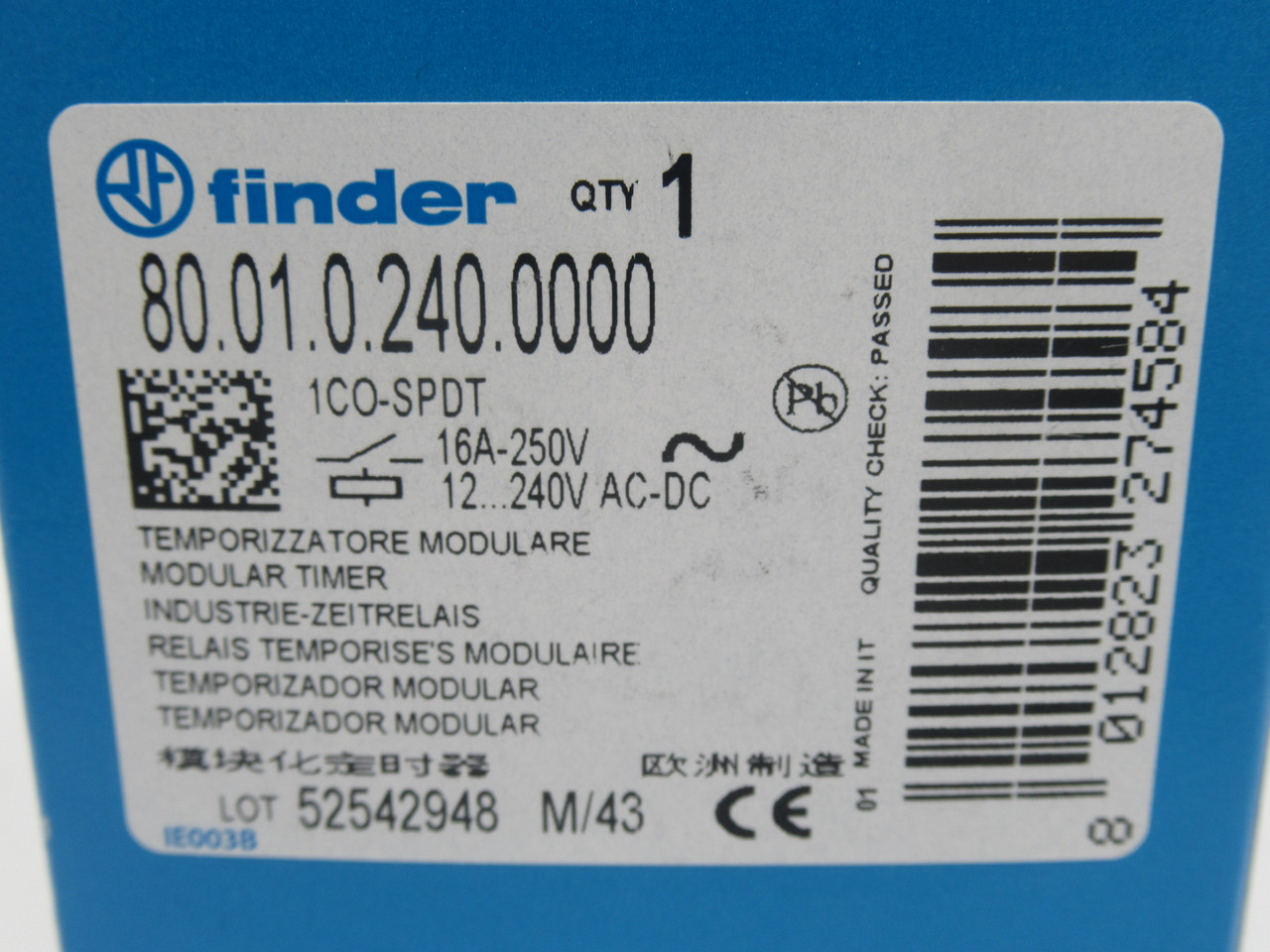 Finder 80.01.0.240.0000 Modular Timer Relay 0.1sec-24hrs 12-240VAC/DC 16A NEW