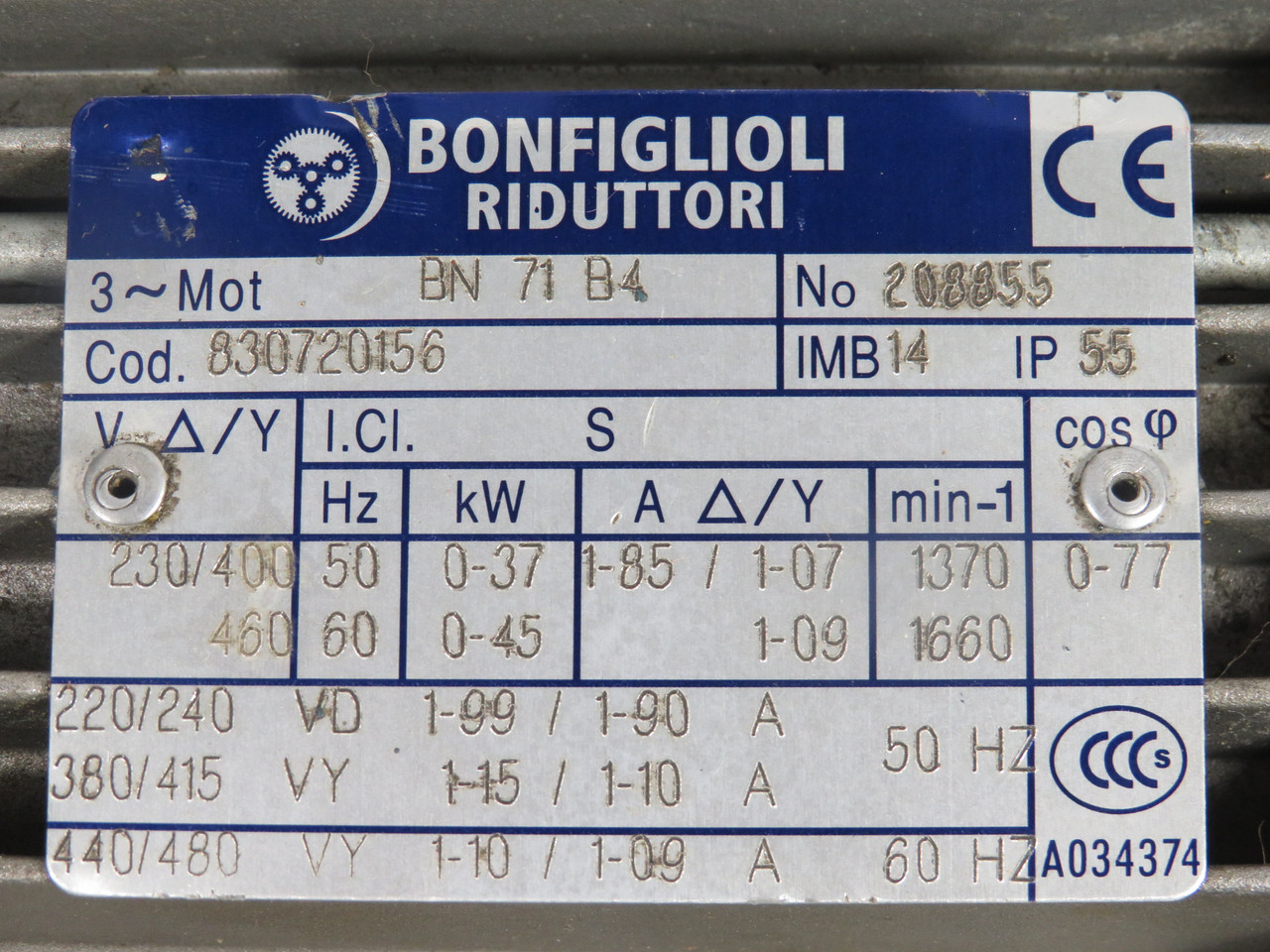 Bonfiglioli AC Gearmotor 36:1 0.37kW 1370RPM 230/400V 3Ph 1.85/1.07A 50Hz USED