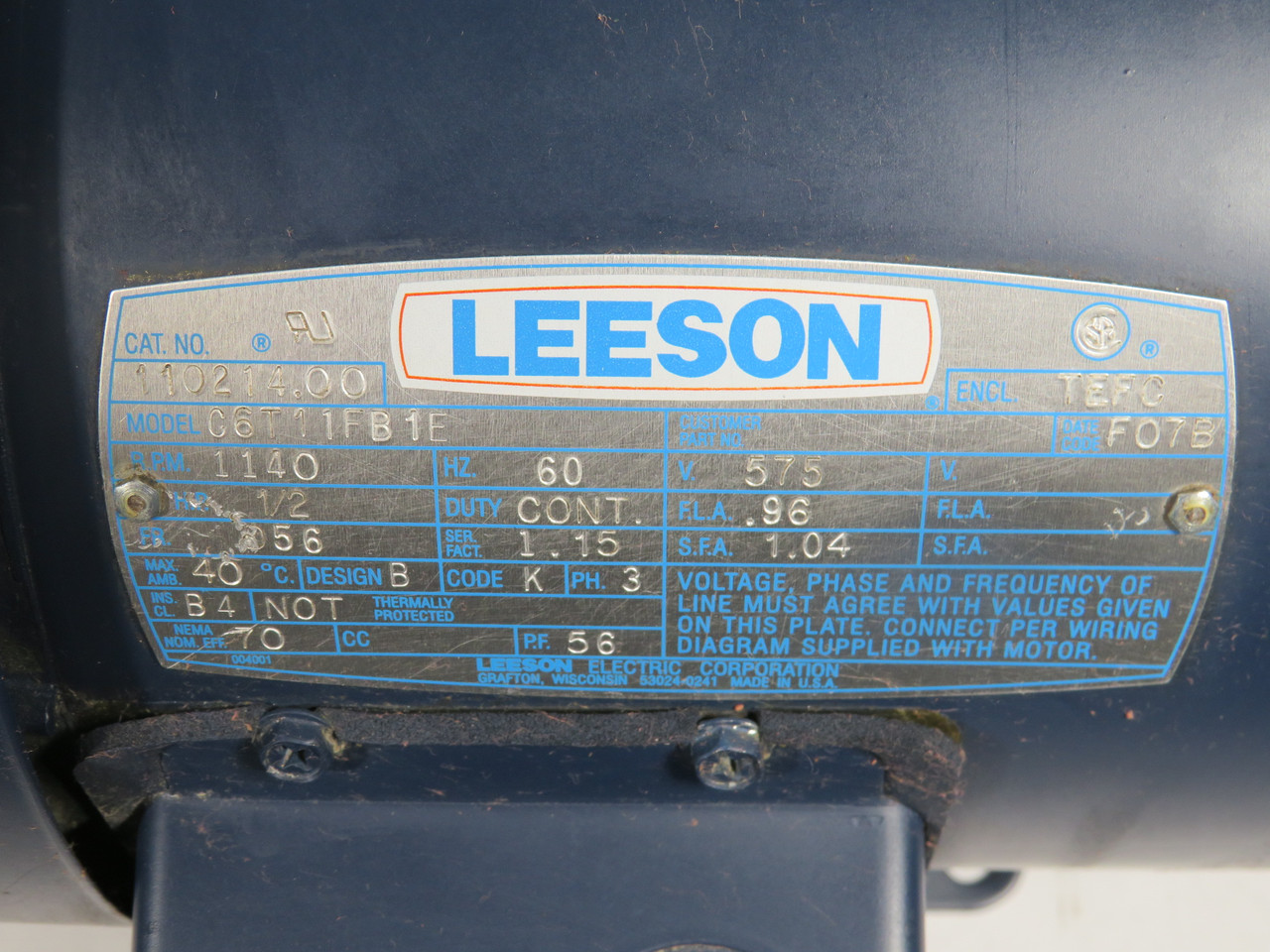 Leeson C6T11FB1E 1/2HP 1140RPM 575V D56 TEFC 3Ph 0.96FLA 60Hz SHELF WEAR NOP