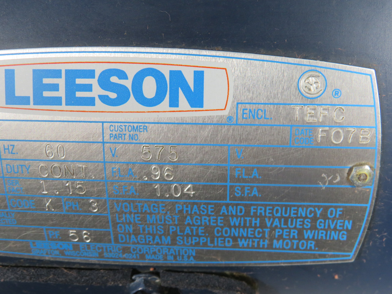 Leeson C6T11FB1E 1/2HP 1140RPM 575V D56 TEFC 3Ph 0.96FLA 60Hz SHELF WEAR NOP