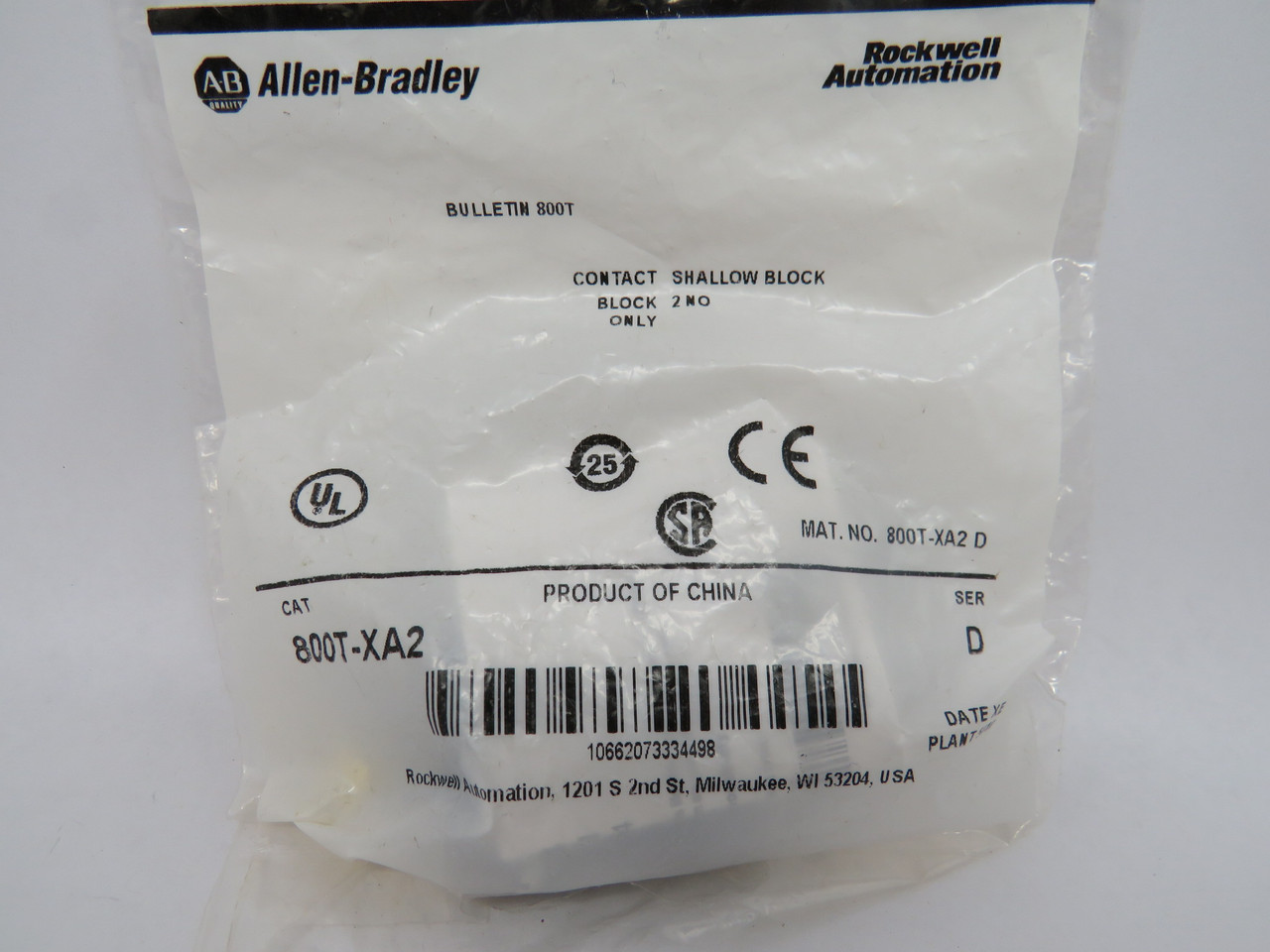 Allen-Bradley 800T-XA2 Series D Shallow Contact Block 2NO NWB