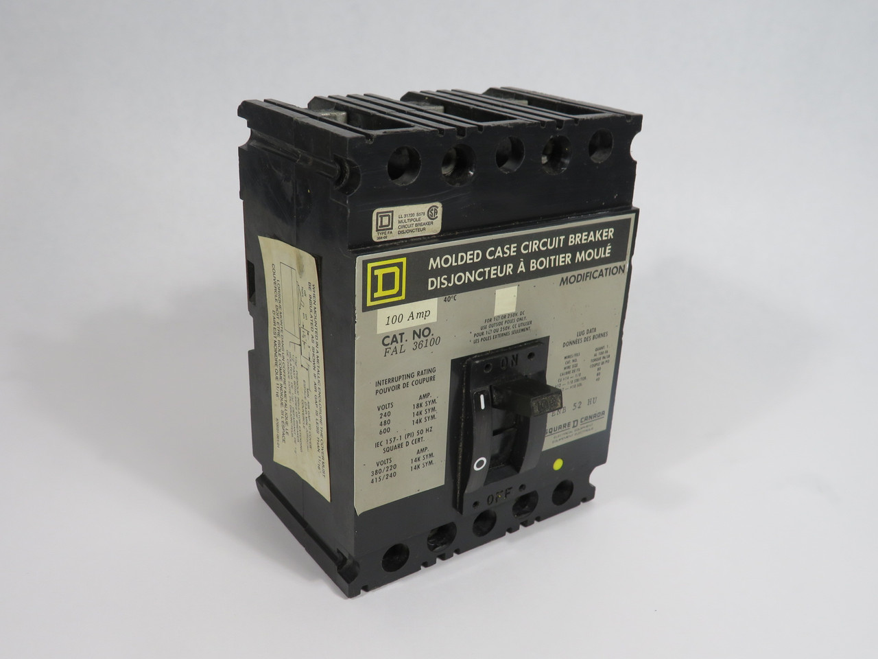 Square D FAL36100 Molded Case Circuit Breaker 100A 600V 3P MISSING SCREWS USED