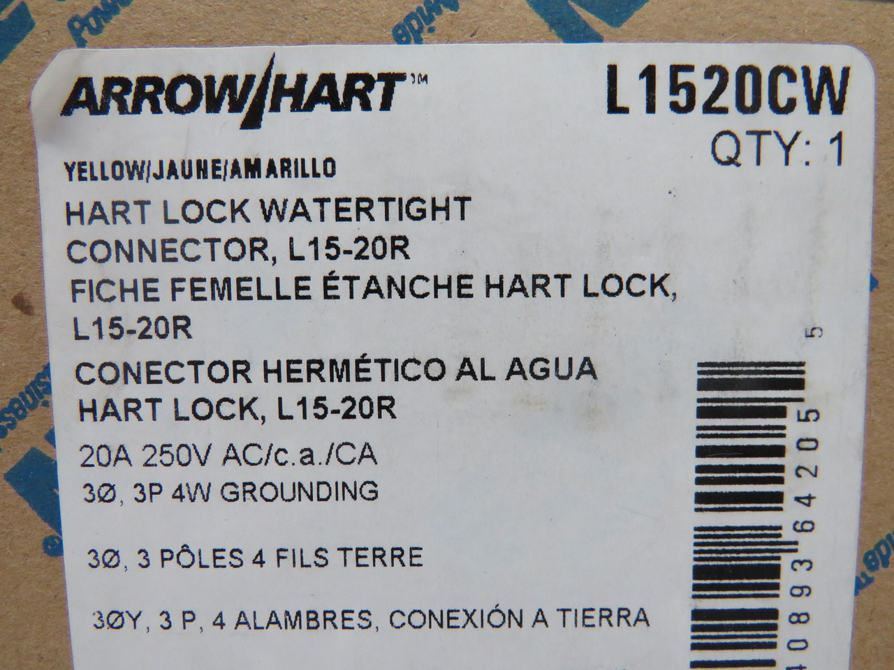 Eaton Arrow Hart L1520CW Connector 20A 250VAC 4W 3P *No Black Grommet* NEW