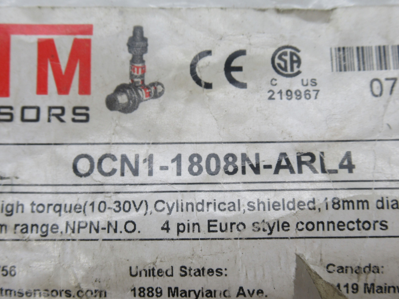 HTM Sensors OCN1-1808N-ARL4 Proximity Sensor 8mm Range NPN-NO *RIPPED BAG* NWB