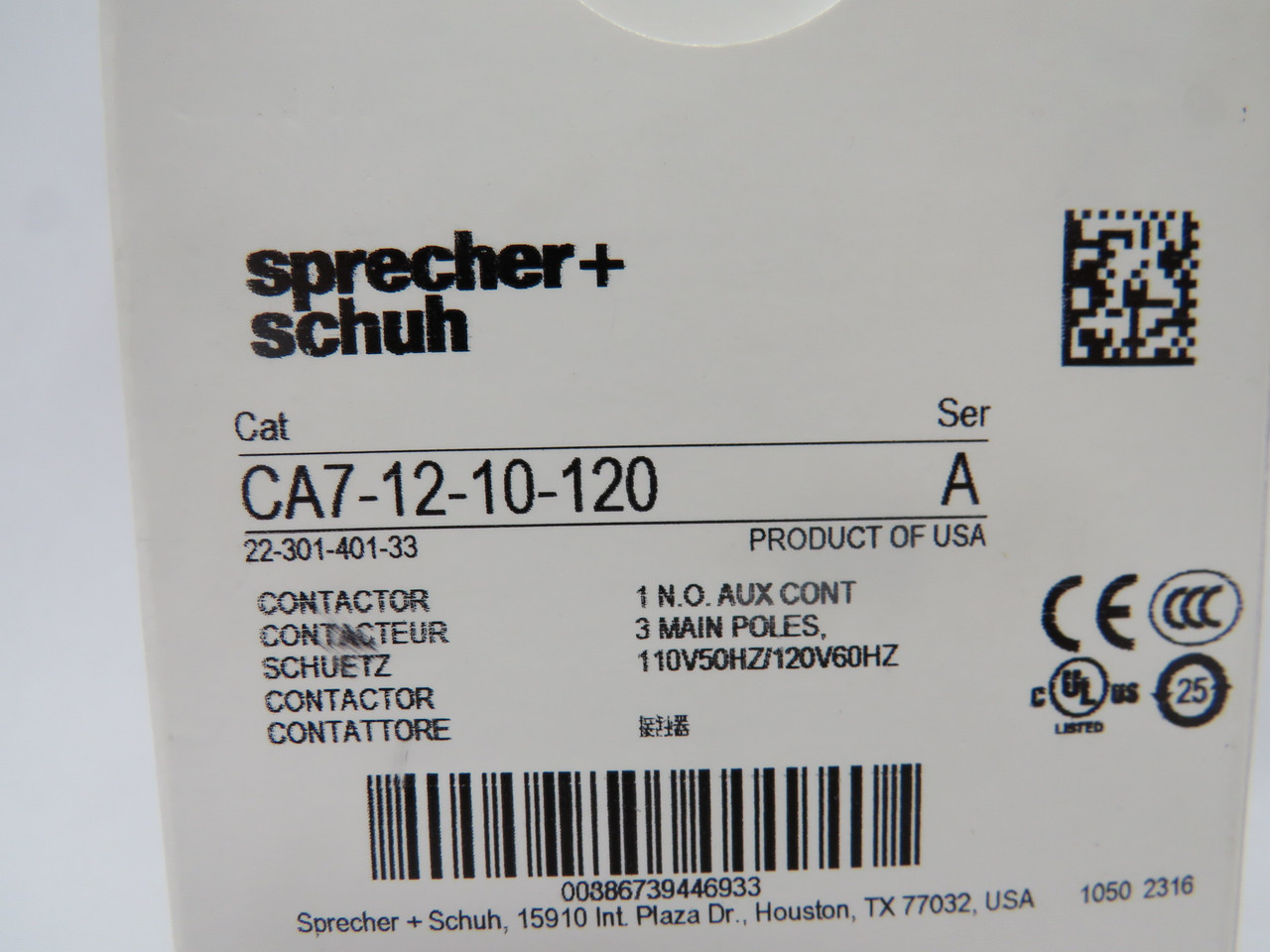 Sprecher + Schuh CA7-12-10-120 Series A Contactor 110V@50Hz 120V@60Hz 1NO 3P NEW