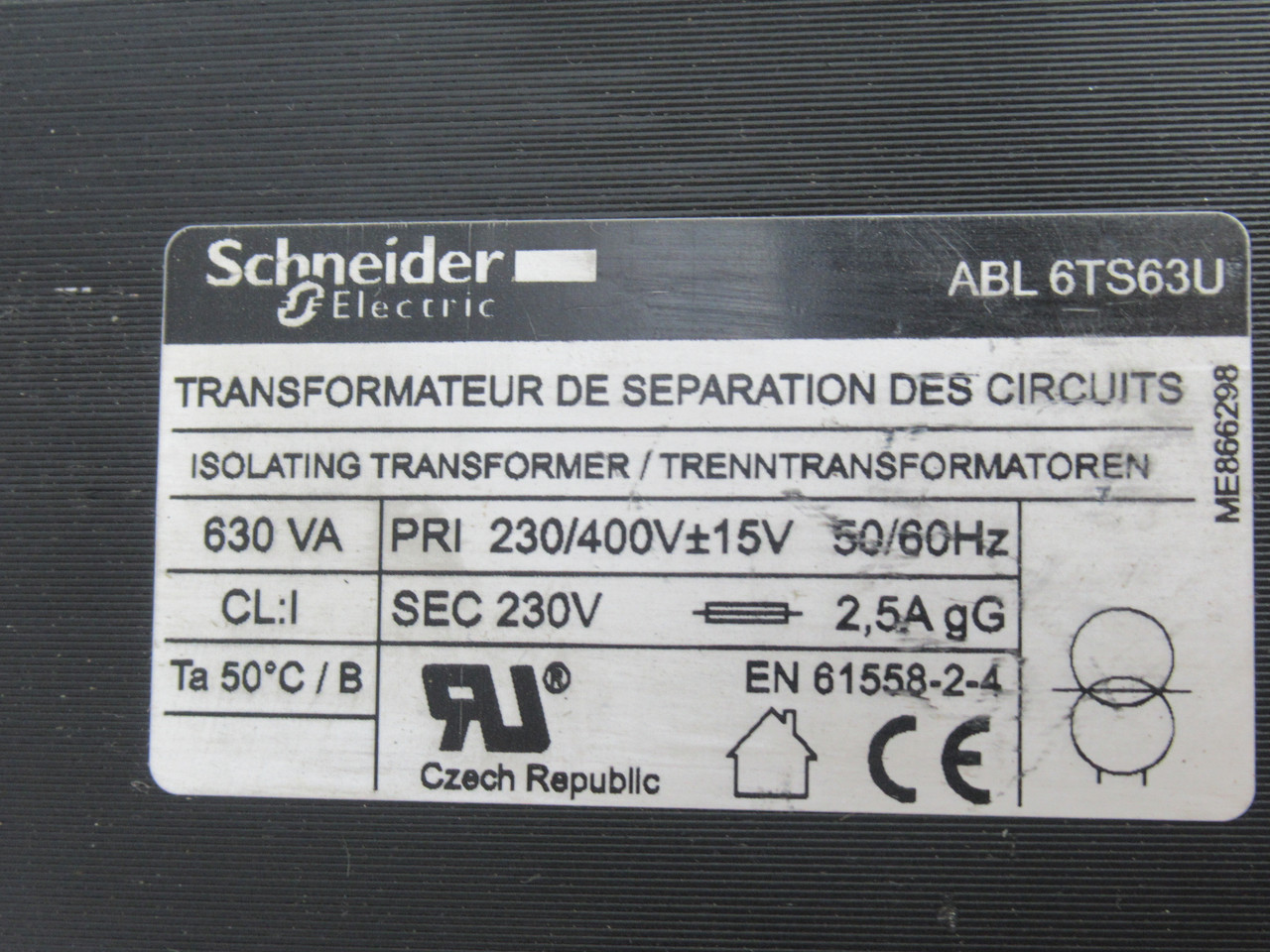 Schneider Electric ABL6TS63U Voltage Transformer 630VA Pri 230/400V Sec230V USED