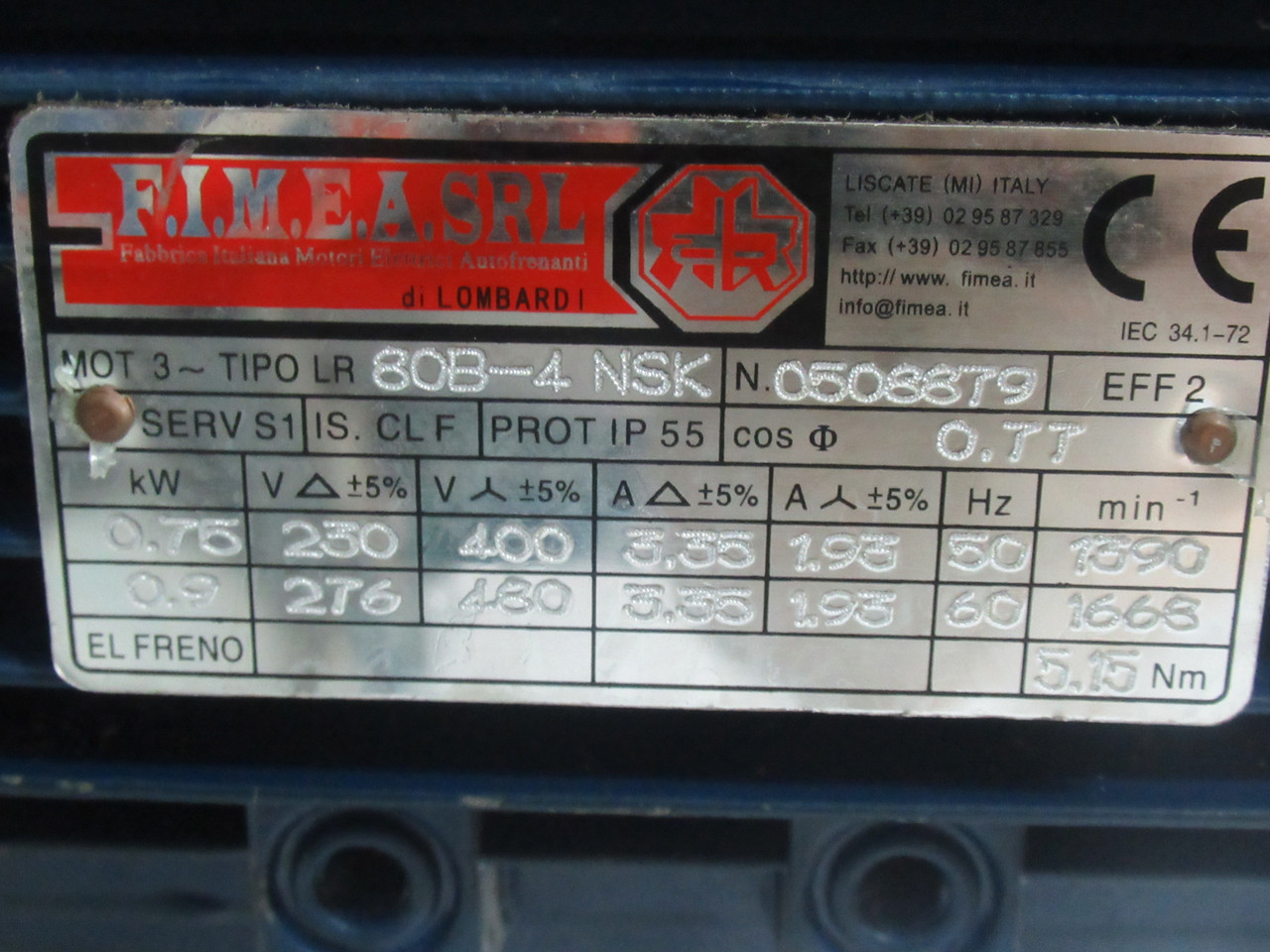 Fimea 80B-4 Motor w/ Hydraulic Tank 0.9kW 1668RPM 276-480V *NO HOSES* USED