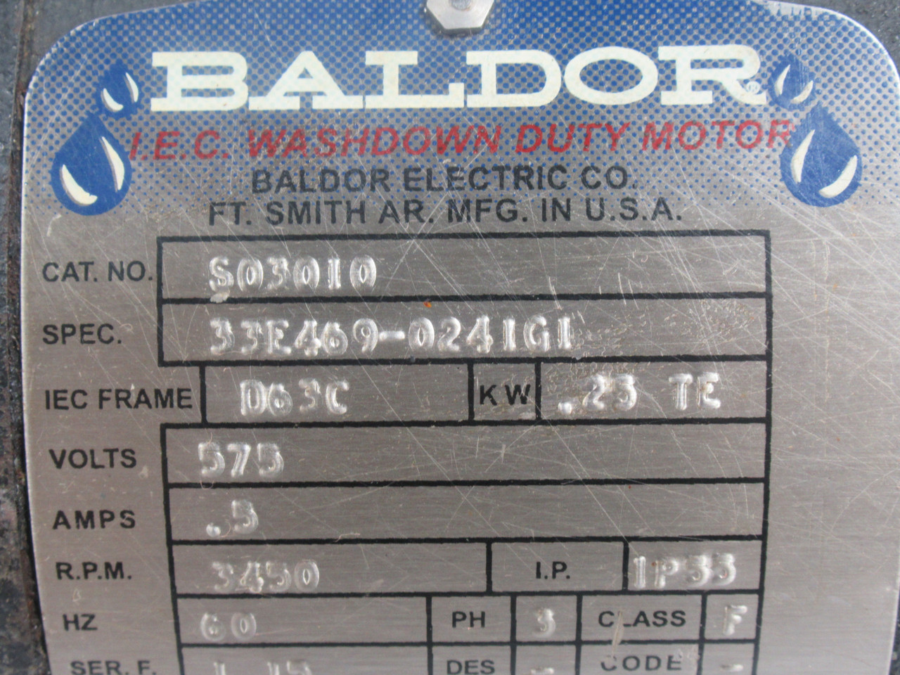Baldor S03010 Washdown Duty Motor 0.25kW 3450RPM 575V D63C 3Ph 0.5A 60Hz USED
