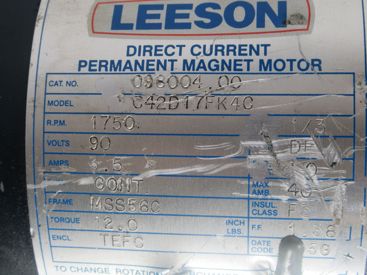 Leeson 1/3HP 1750RPM 90VDC MSS56C TEFC 3Ph 3.5A C/W Gear Reducer 20:1 Ratio USED