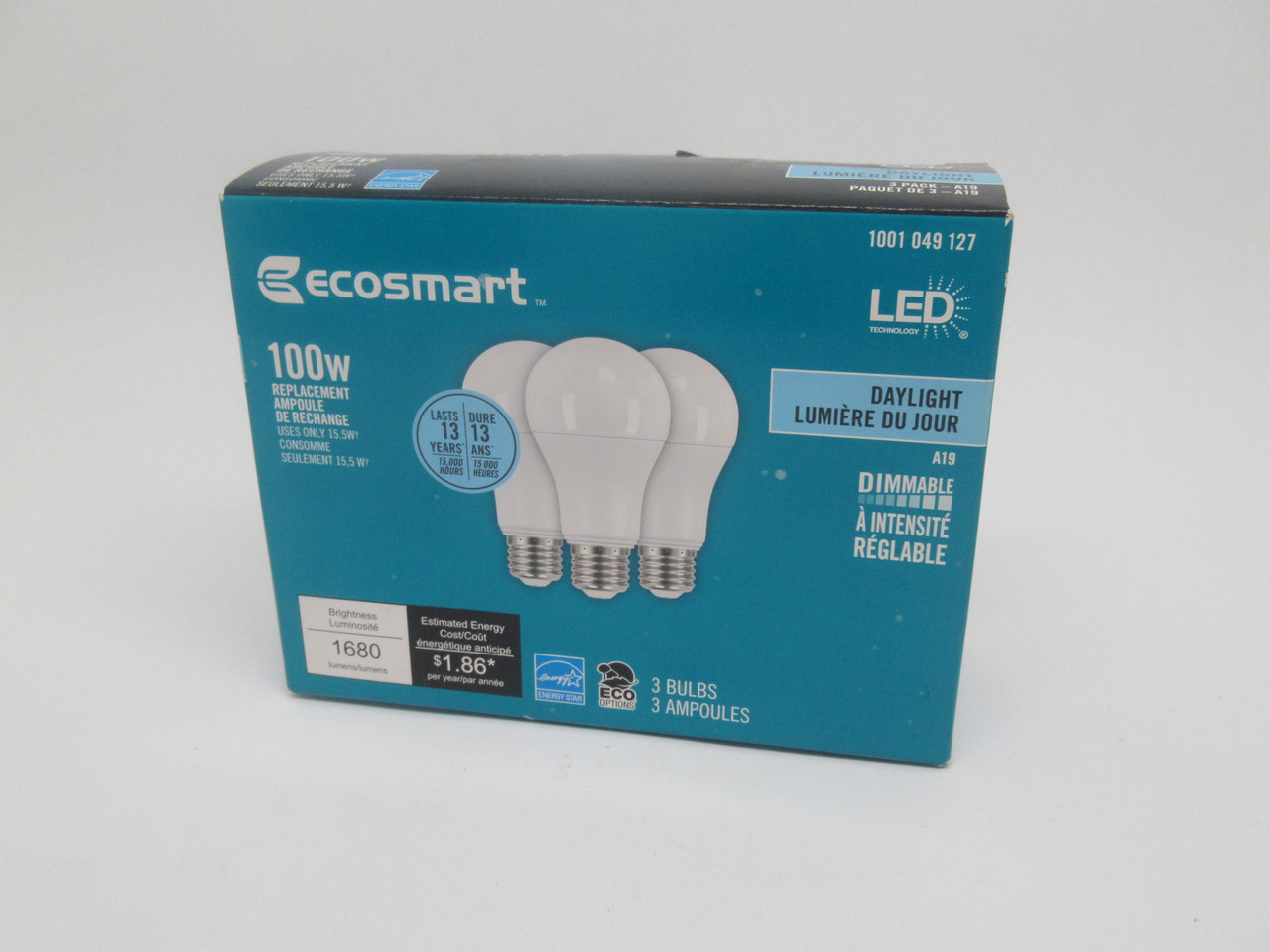 Ecosmart 1001049127 Daylight Dimmable LED Light Bulb 15.5W 120V A19 *3-Pack* NEW