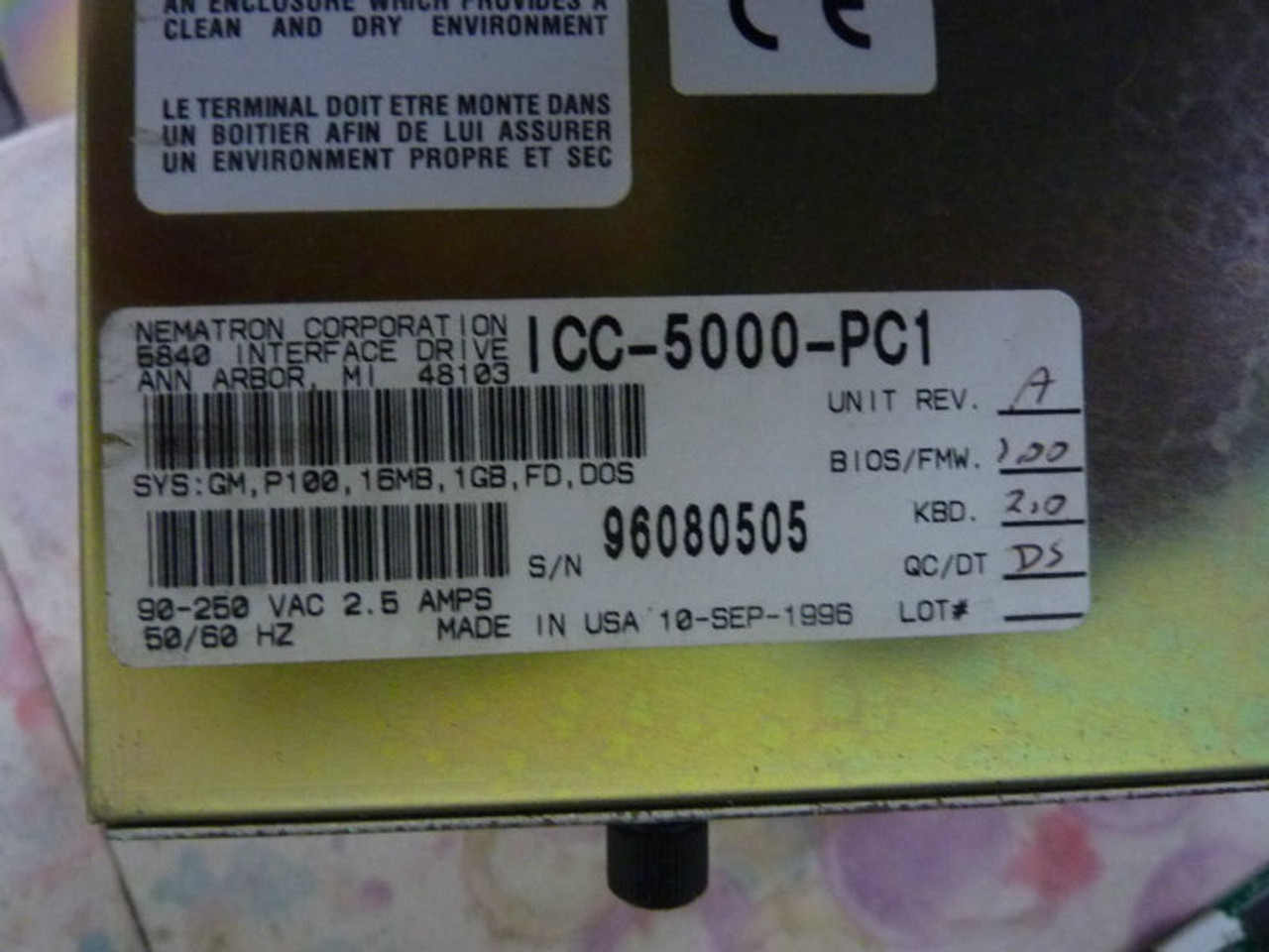 Nematron ICC-5000-PC1 Control Operator Panel USED