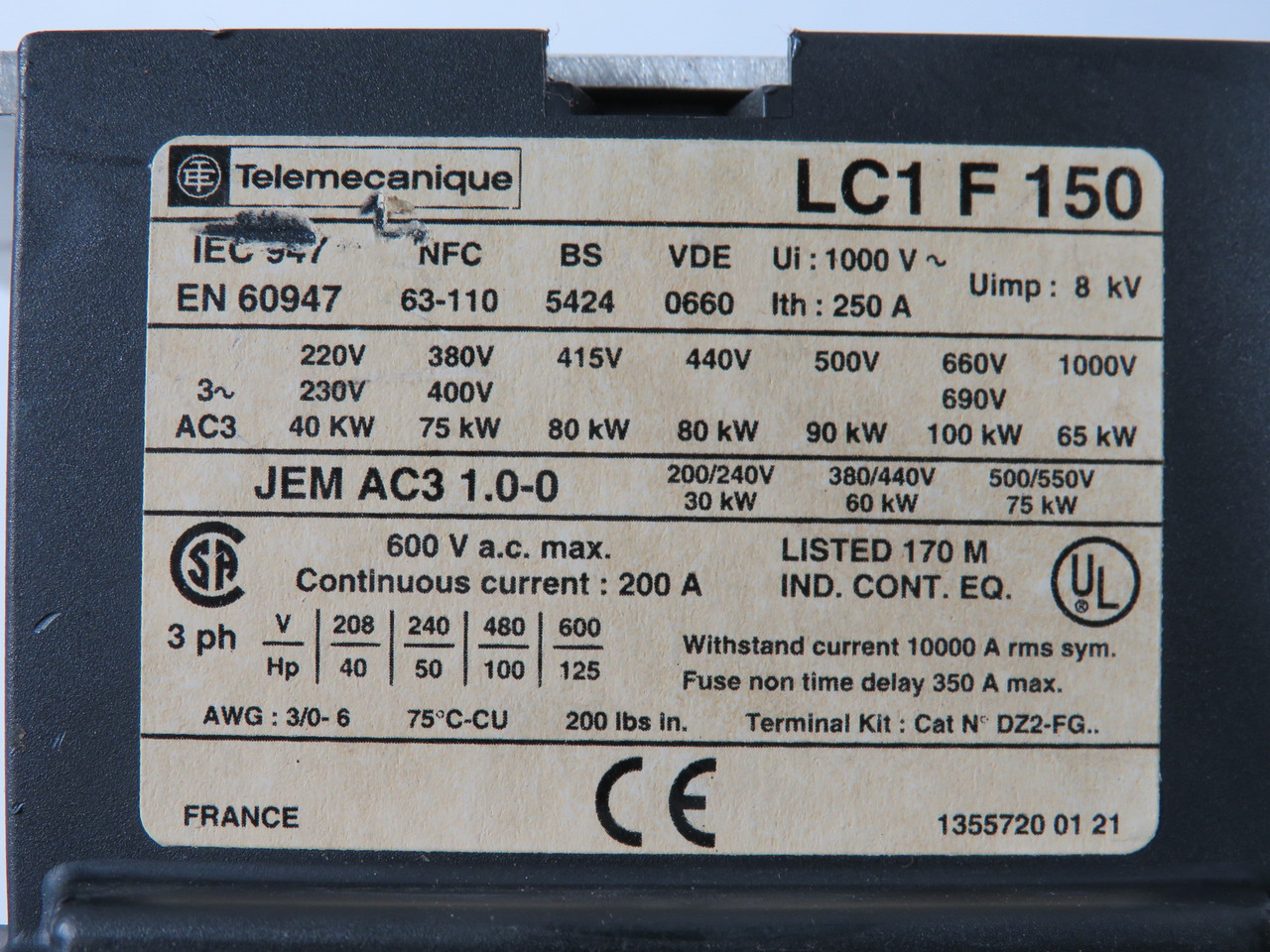 Telemecanique LC1F150BD Contactor 24VDC 250A 3-Pole SHELF WEAR USED