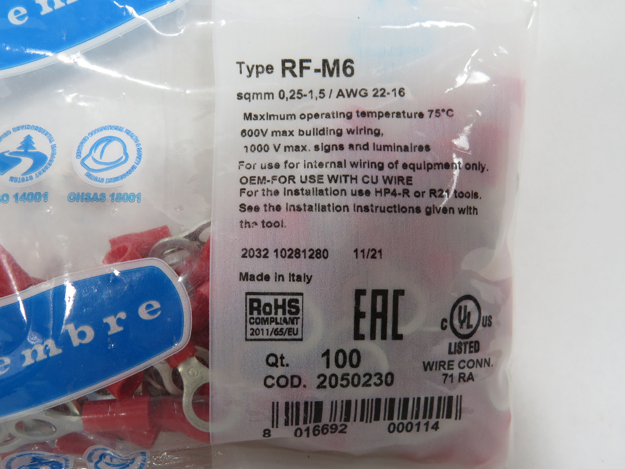 Cembre 2050230 RF-M6 Red Insulate End Sleeve 0,25-1.5/AWG 100-Pack NWB