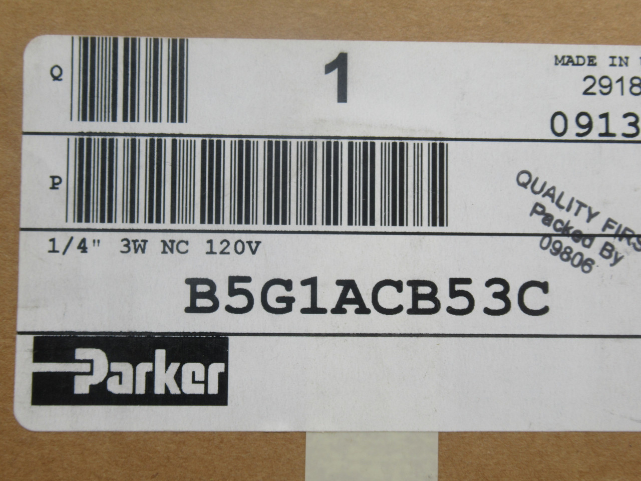 Parker B5G1ACB53C 2-Pos. Solenoid Valve 1/4" 120V 50/60Hz 145Psi 3W 1034kPa NEW