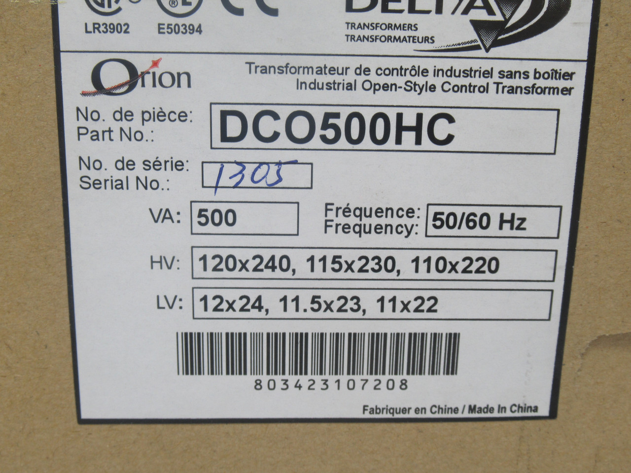 Delta DCO500HC Orion Control Transformer 500VA Pri.120x240V Sec.12x24V NEW