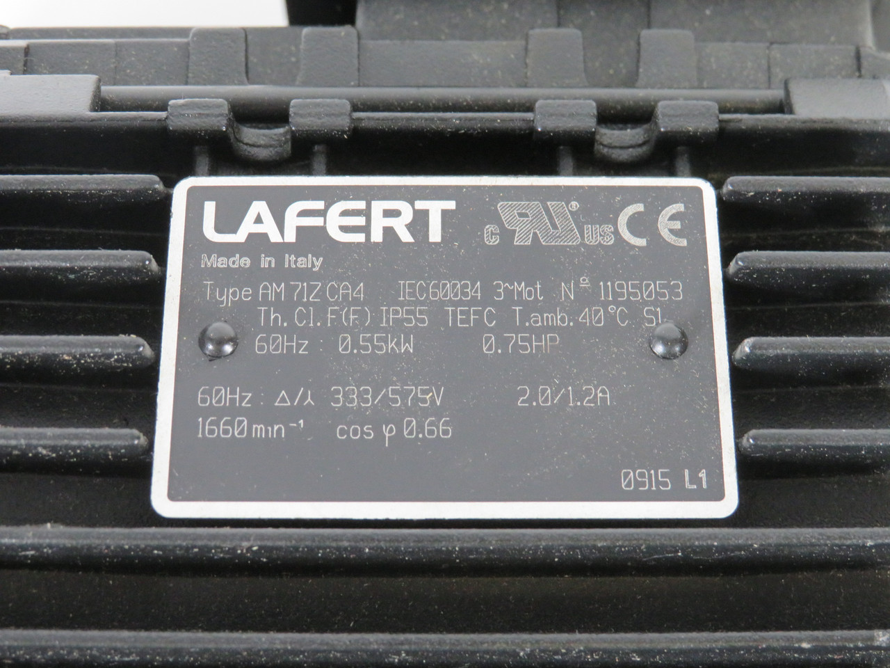 Lafert 0.55kW 0.75HP 1660RPM 333/575V TEFC 3Ph 2.0/1.2A 60Hz Shelf Wear USED