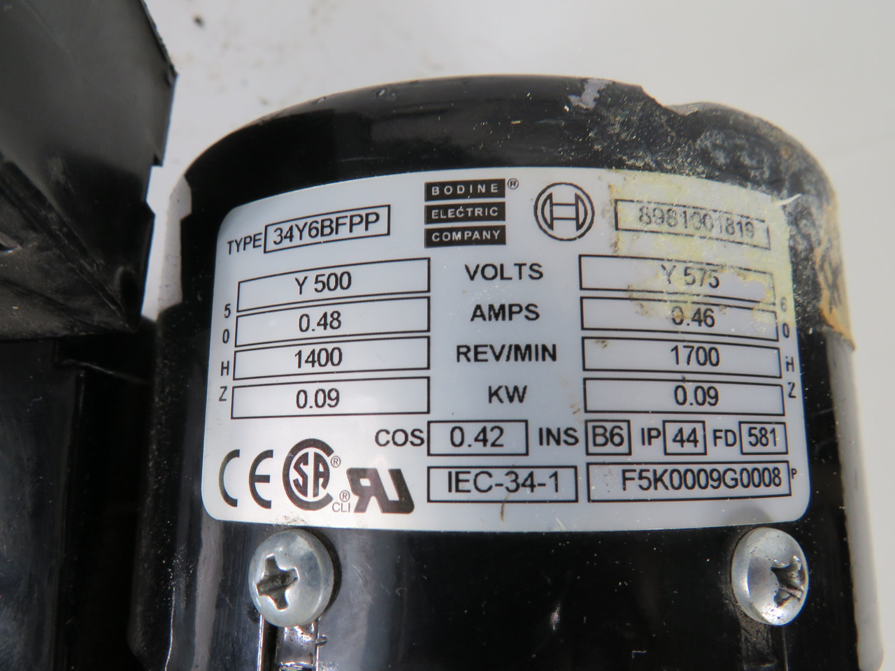 Bodine 0.09kW 1700RPM 575V 0.46A 60Hz C/W Speed Reducer 12:1 Ratio USED