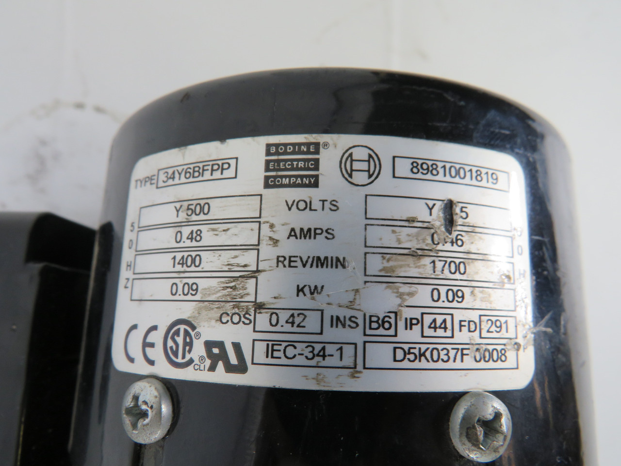 Bodine 0.09kW 1700RPM 575V 0.46A 60Hz C/W Speed Reducer 20:1 Ratio USED