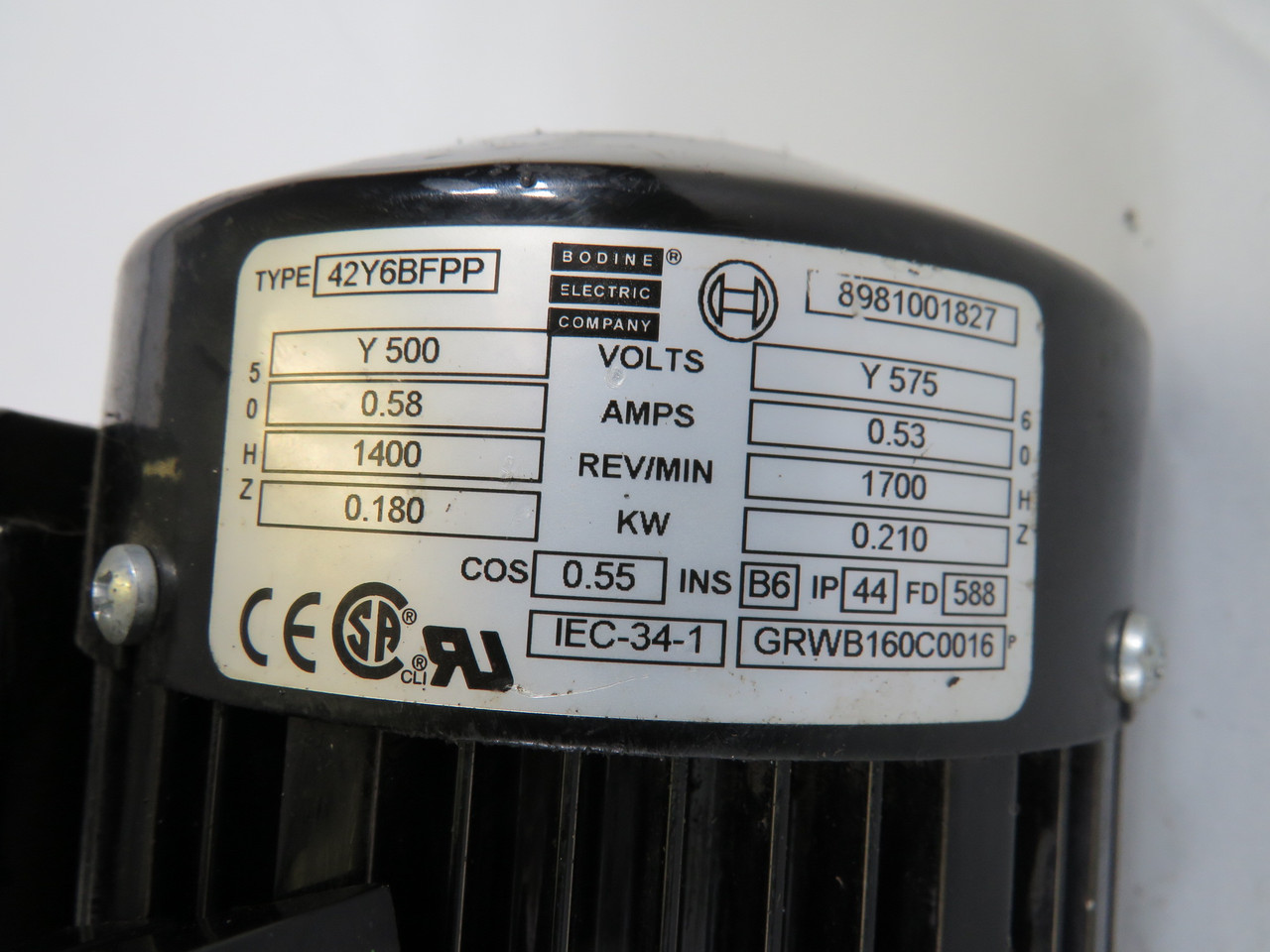 Bodine 0.21kW 1700RPM 575V 0.53A 60Hz C/W Speed Reducer & Motor Suppressor USED