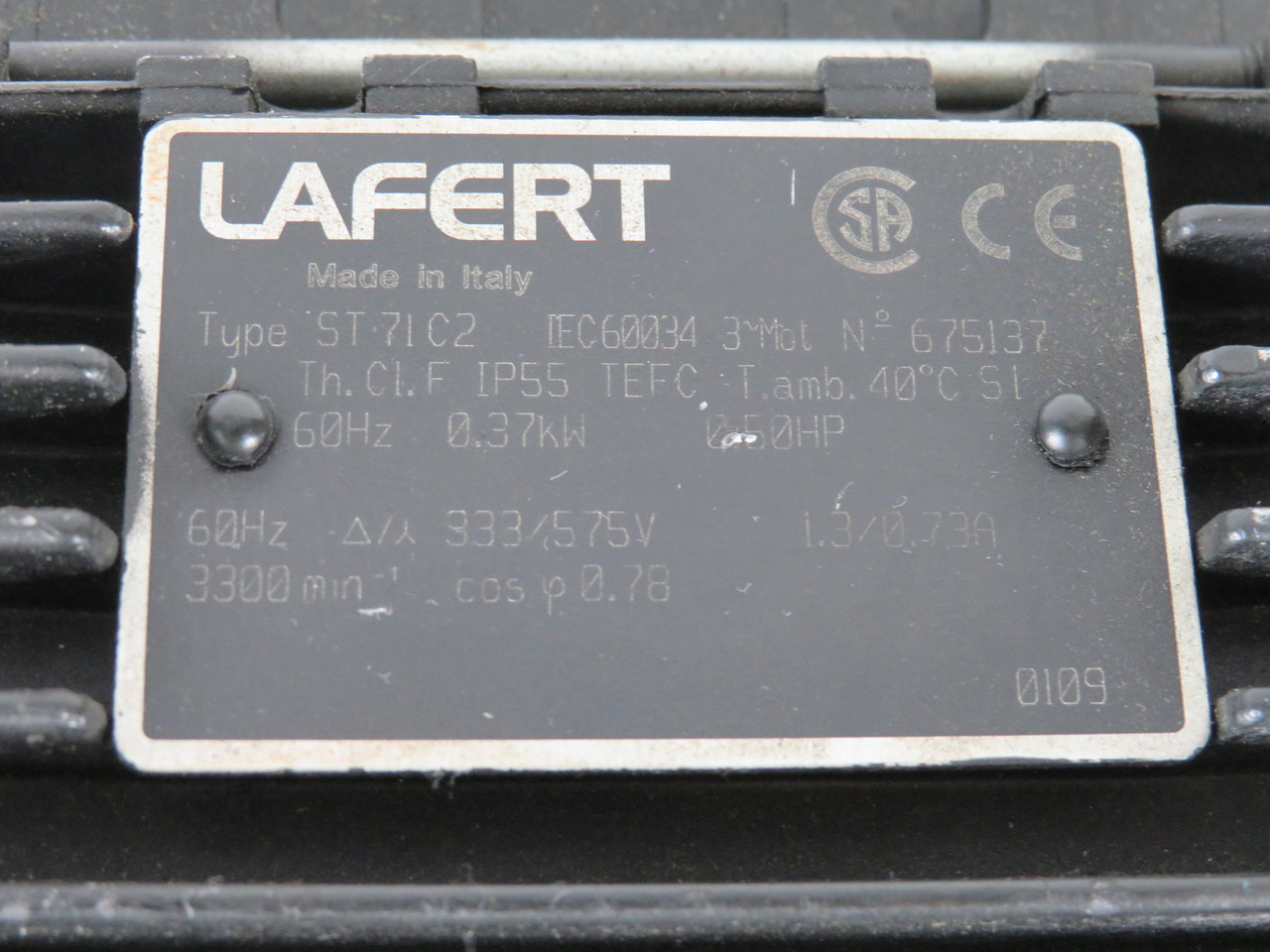 Lafert 0.37kW 3300RPM 333/575V TEFC 3Ph 1.3/0.73A 60Hz No Key USED