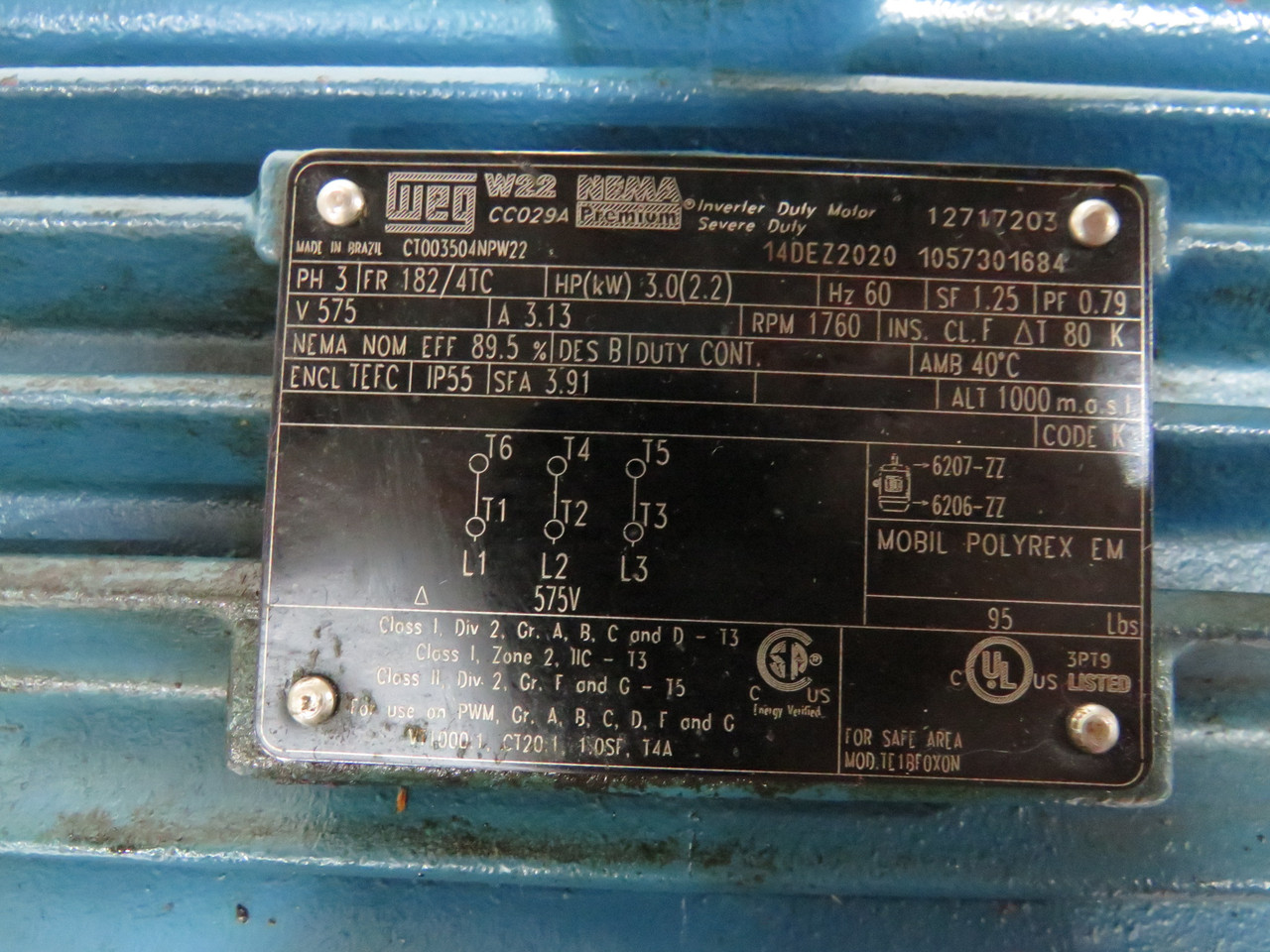 WEG 3HP 1760RPM 575V 182/4TC TEFC 3.13A 60Hz USED