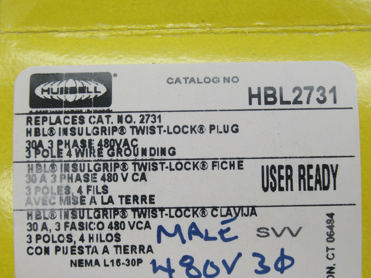 Hubbell HBL2731 Insulgrip Twistlock Plug 30A 3Ph 480VAC 3P 4W NEW