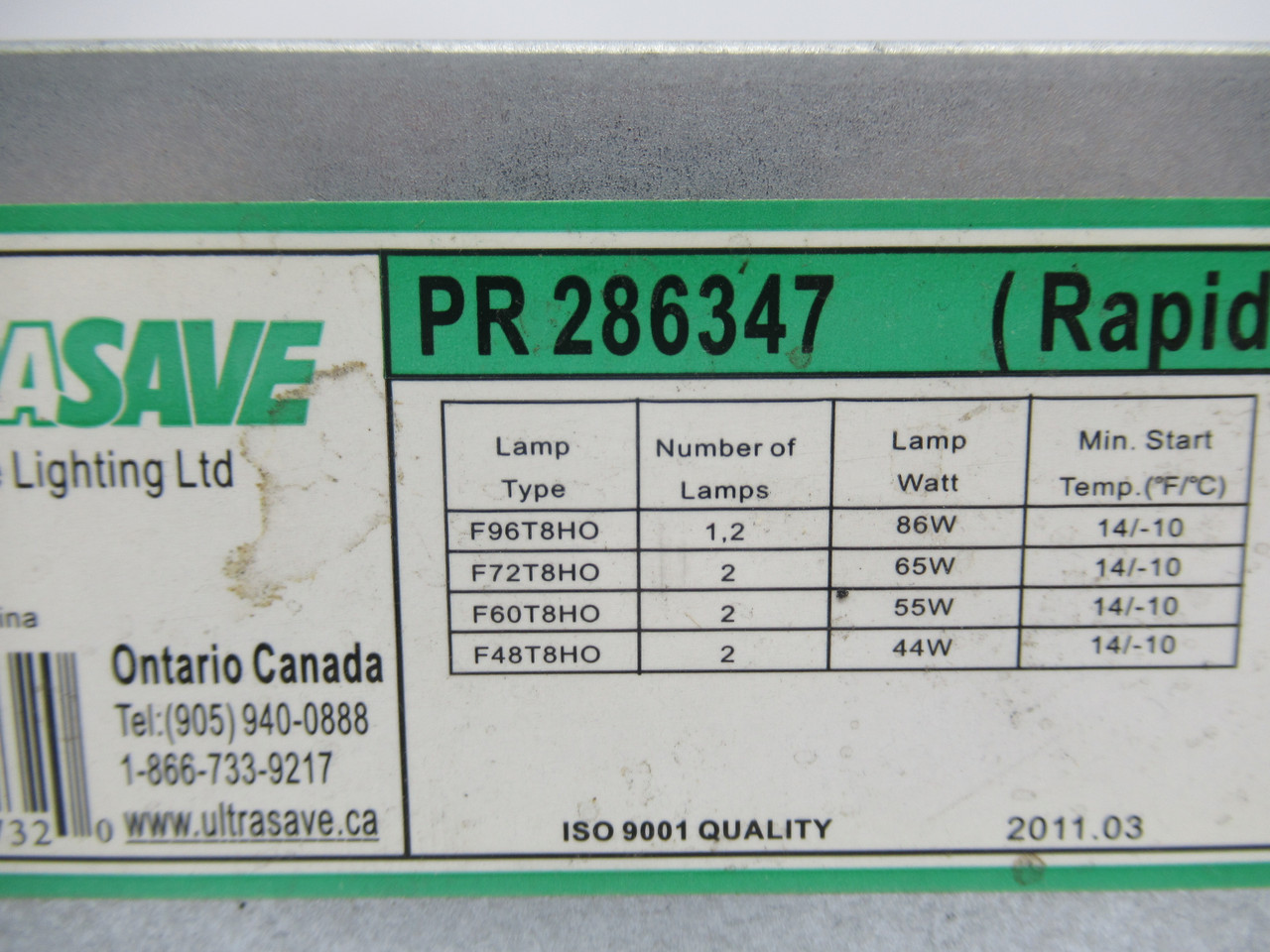 Ultrasave PR286347 Rapid Start Ballast 347V 0.459A 50/60Hz USED