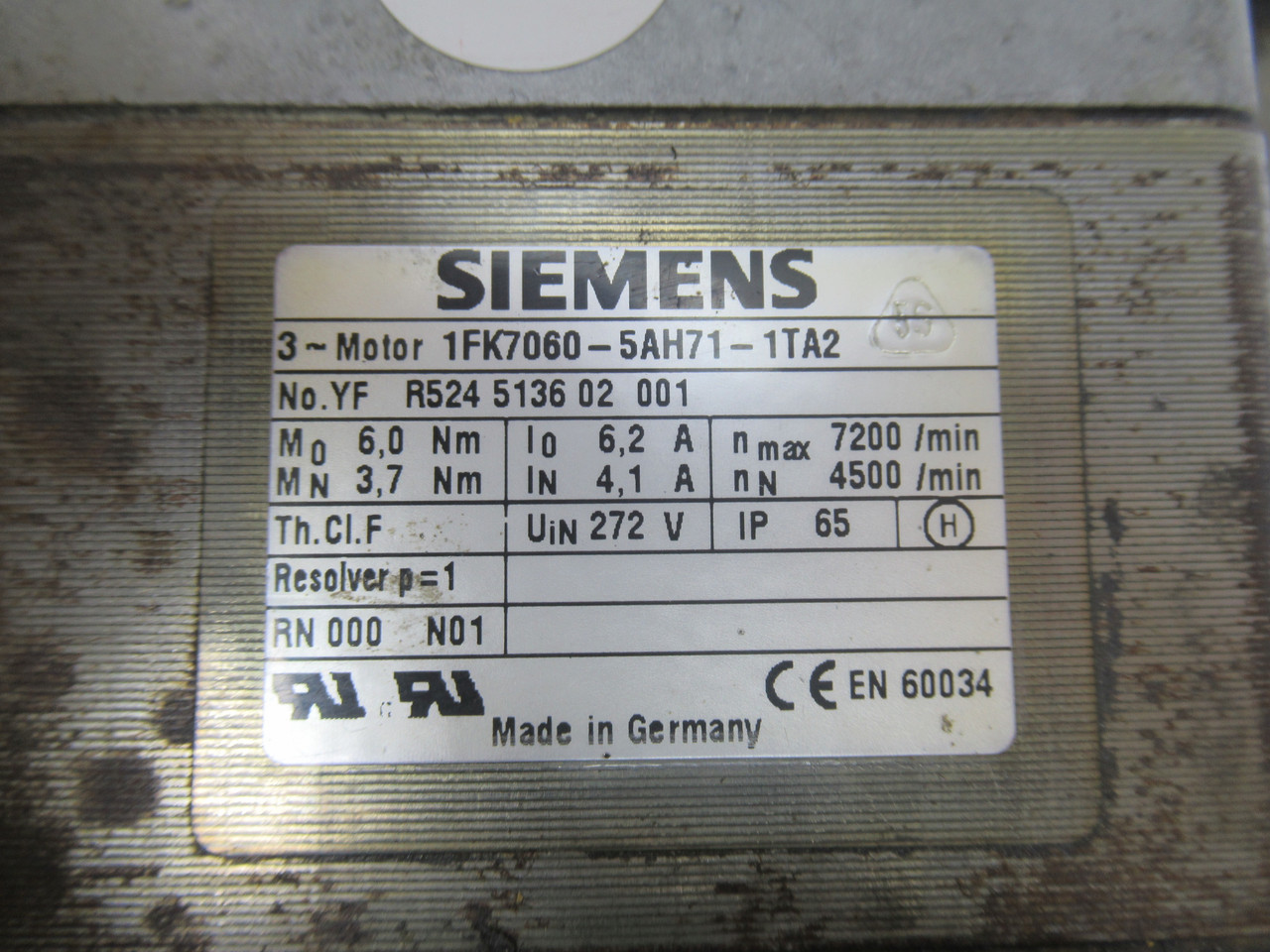 Siemens 1FK7060-5AH71-1TA2 Servo Motor 7200RPM 272V 6.0Nm 6.2A 3Ph USED