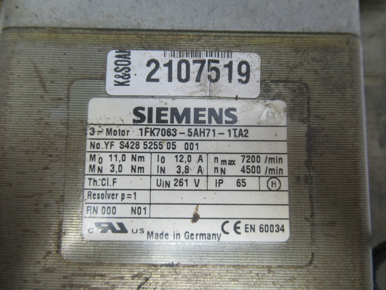 Siemens 1FK7063-5AH71-1TA2 Servo Motor 7200RPM 261V 11.Nm 12.0A 3Ph USED