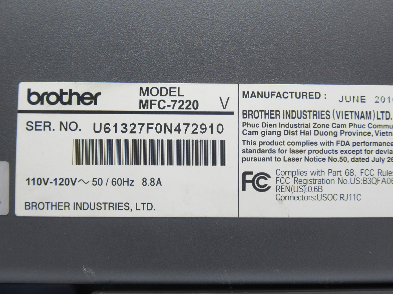Brother MFC-7220 Monochrome Laser Multifunction 110-120V 50/60Hz 8.8A USED