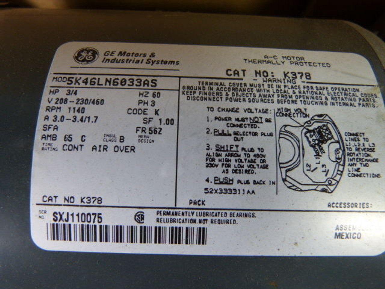General Electric 3/4HP 1140RPM 208-230/460V 56Z 3Ph 3.0-3.4/1.7A 60Hz USED