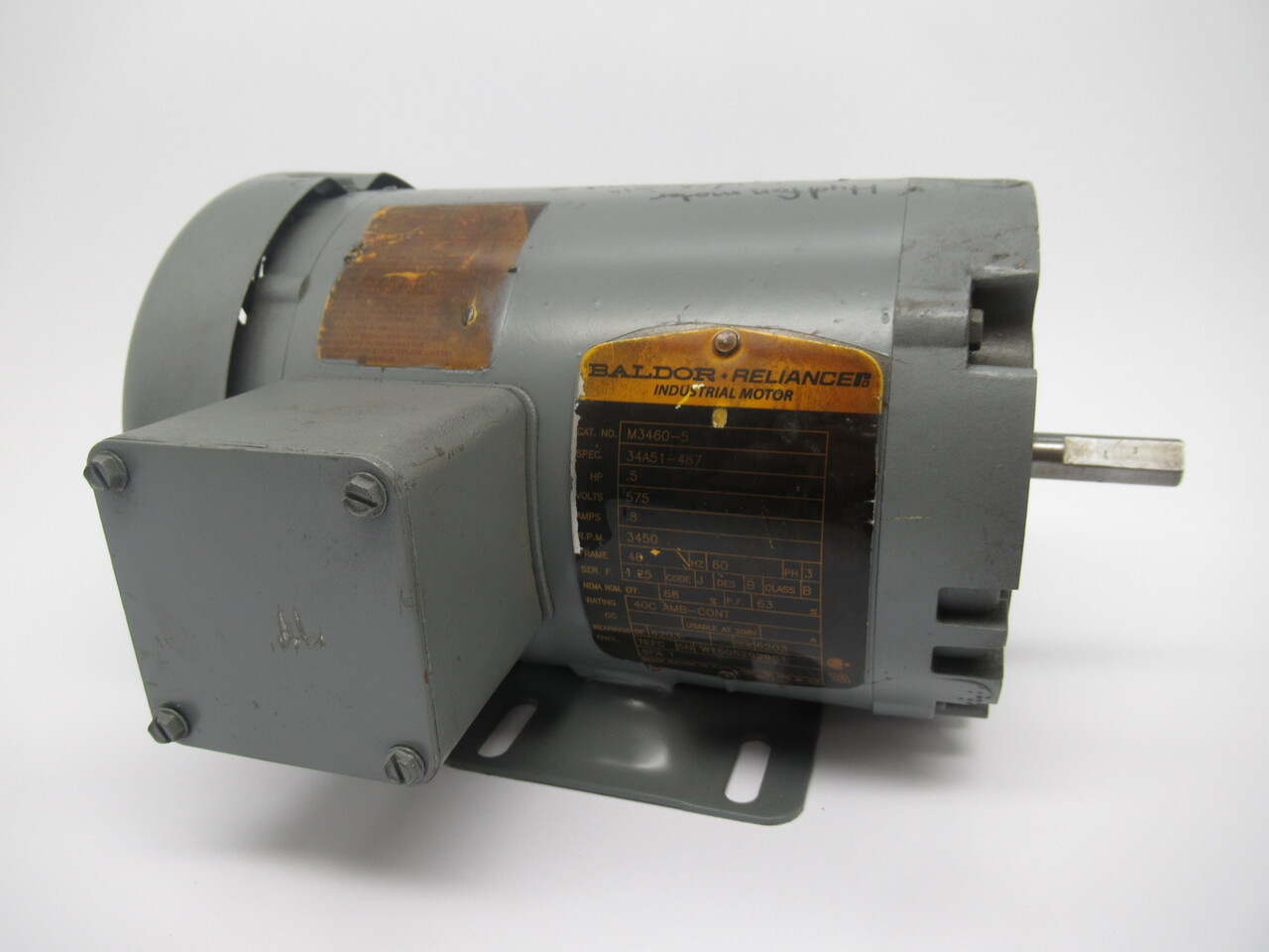 Baldor .5HP 3450RPM 575V 48 TEFC 3Ph .8A 60Hz USED