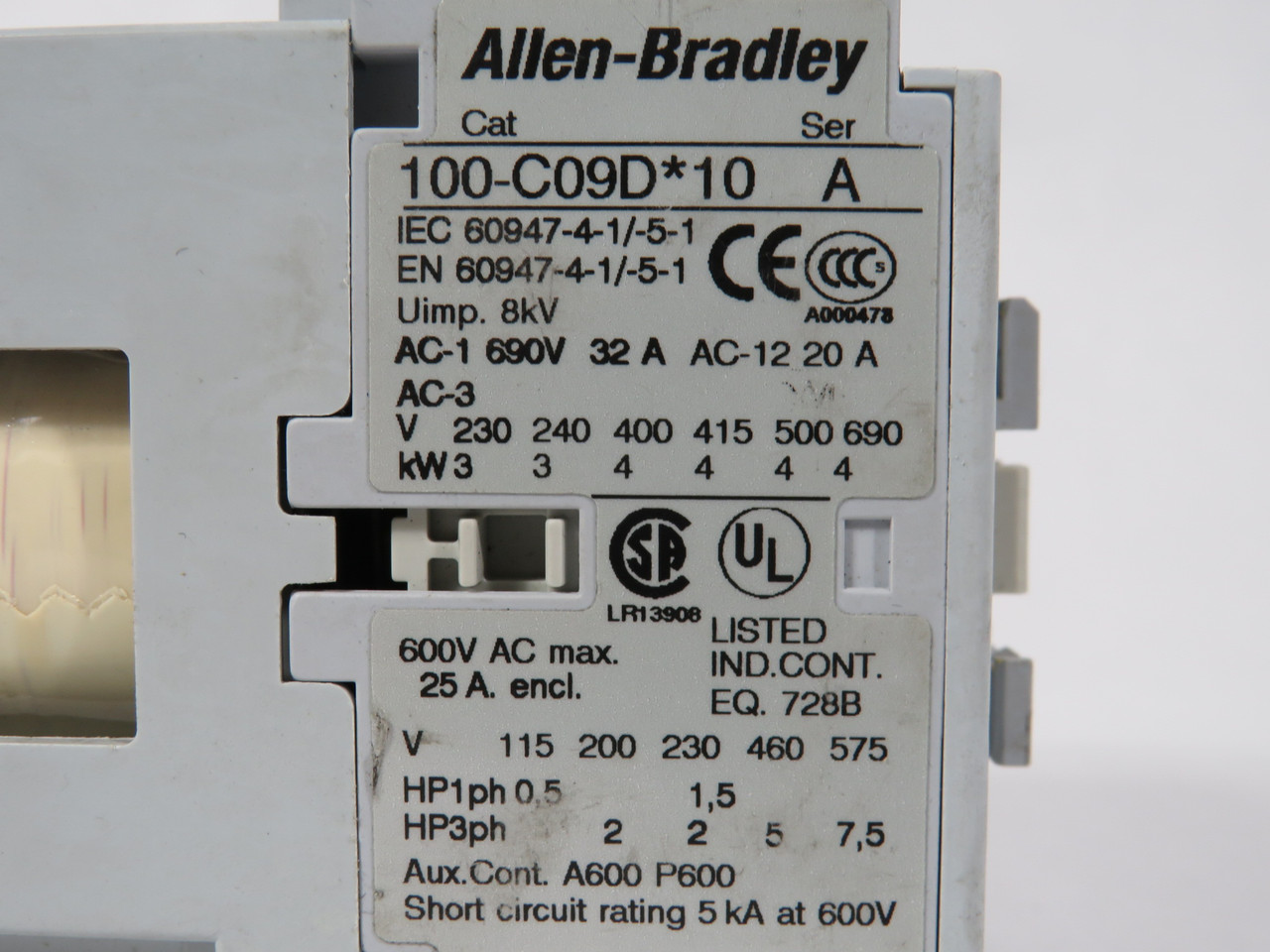 Allen-Bradley 100-C09DJ10 Contactor 24VDC 9A Uimp 8kV AC-12 20A 1NO USED