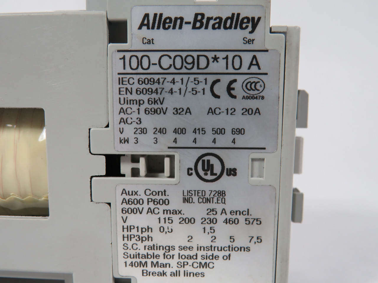 Allen-Bradley 100-C09DJ10 Contactor 24VDC 9A Uimp 6kV AC-12 20A 1NO USED