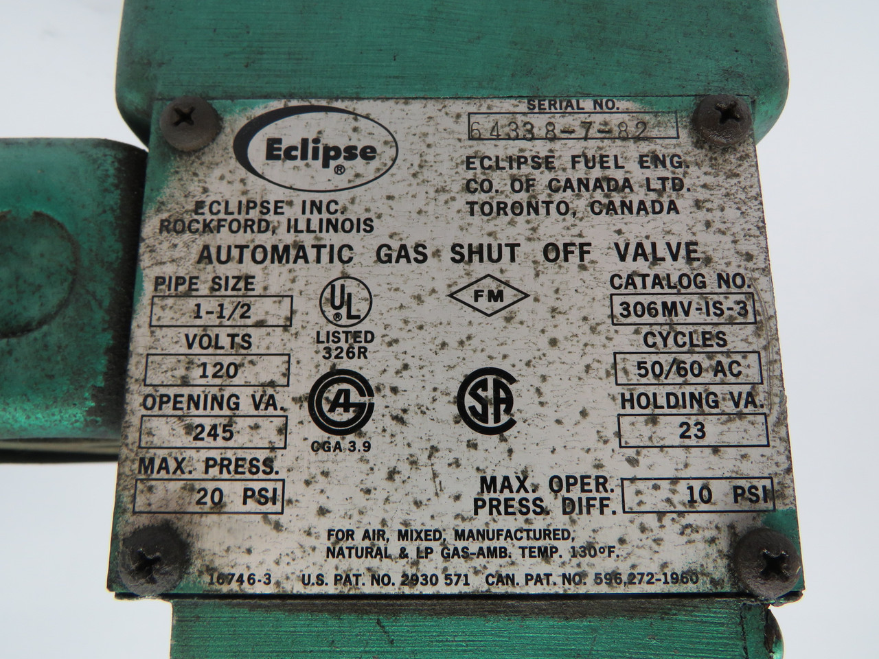 Eclipse 306MV-IS-3 Automatic Gas Shut Off Valve 120V MISSING GATE VALVE USED