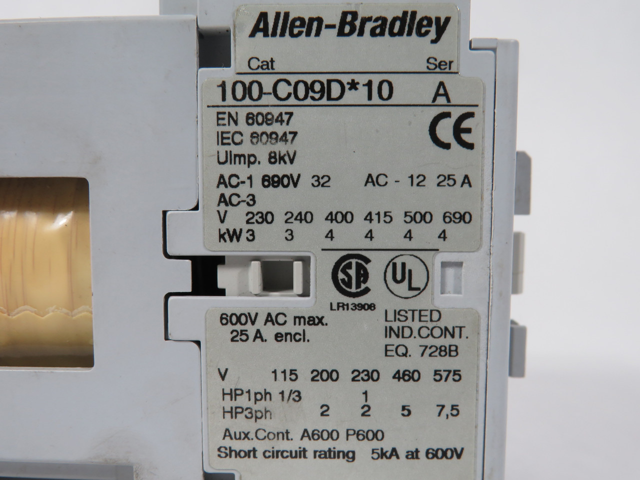 Allen-Bradley 100-C09DJ10 Contactor 24VDC 9A Uimp 8kV AC-12 25A 1NO USED