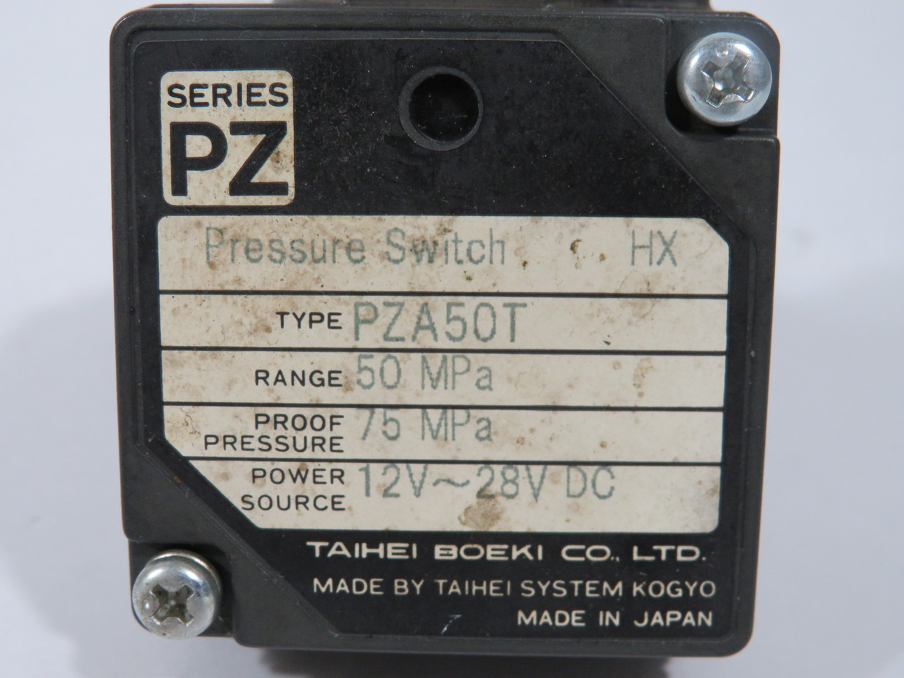 Taihei Boeki PZA50T Pressure Switch 12-28VDC 50MPa Range 75MPa Proof USED
