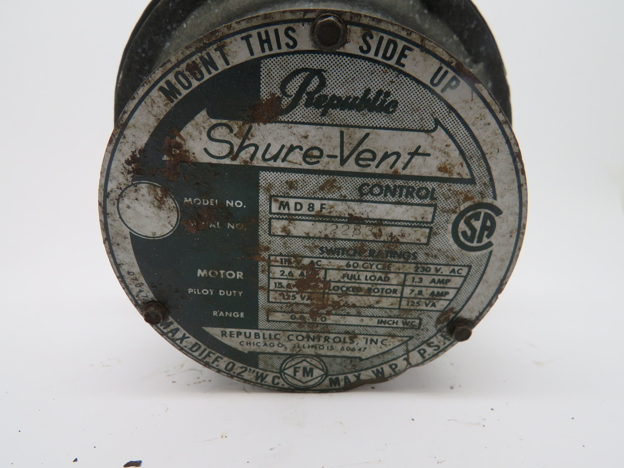 Republic Controls Inc MD8F Shure-Vent Vent Control 115V 60 Cycles 230V USED