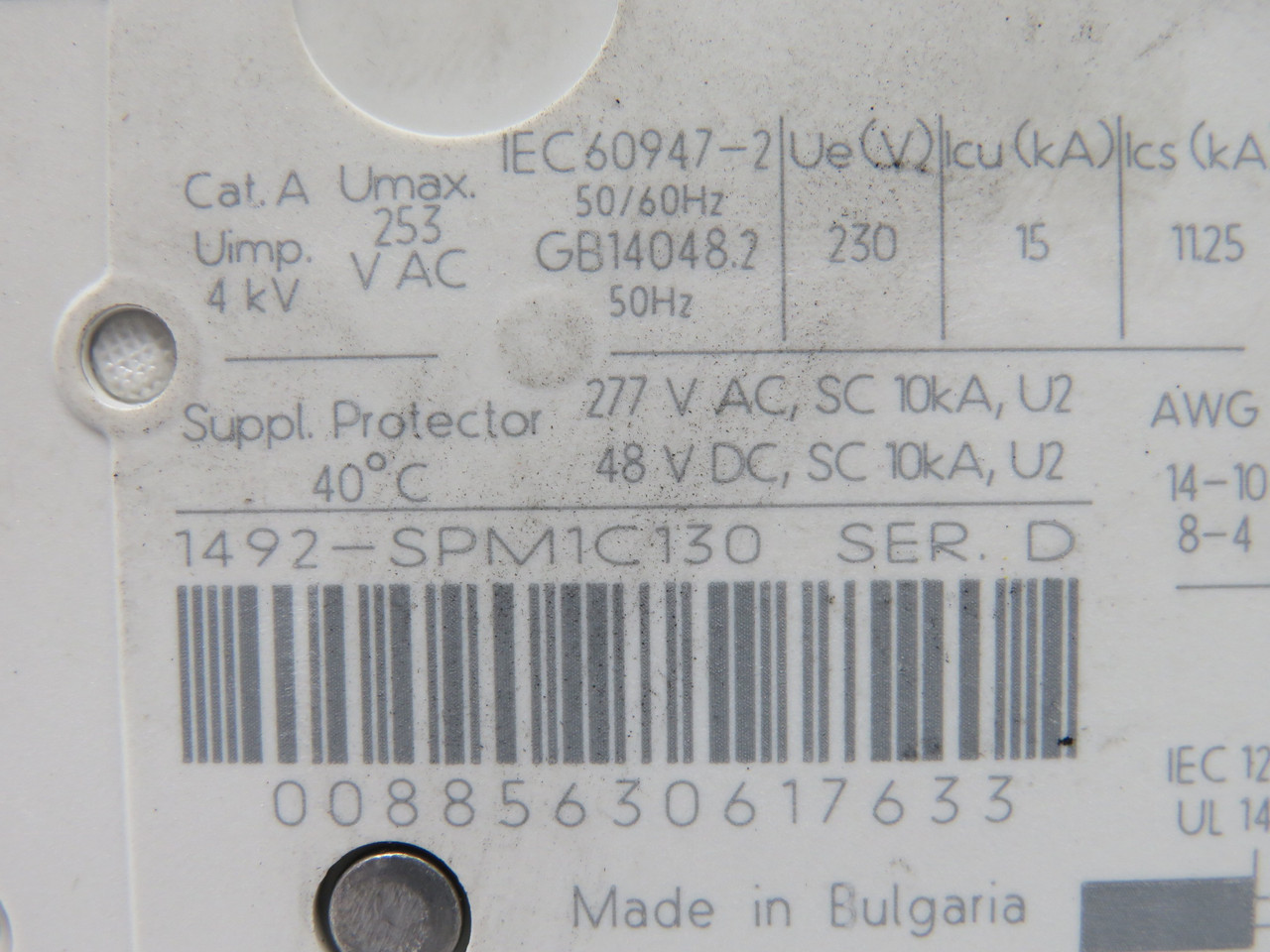 Allen-Bradley 1492-SPM1C130 Circuit Breaker 13A 1 Pole Series D USED