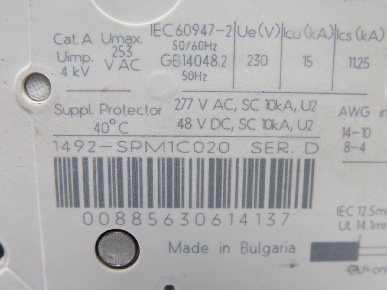 Allen-Bradley 1492-SPM1C020 Circuit Breaker 2A 1 Pole Series D USED