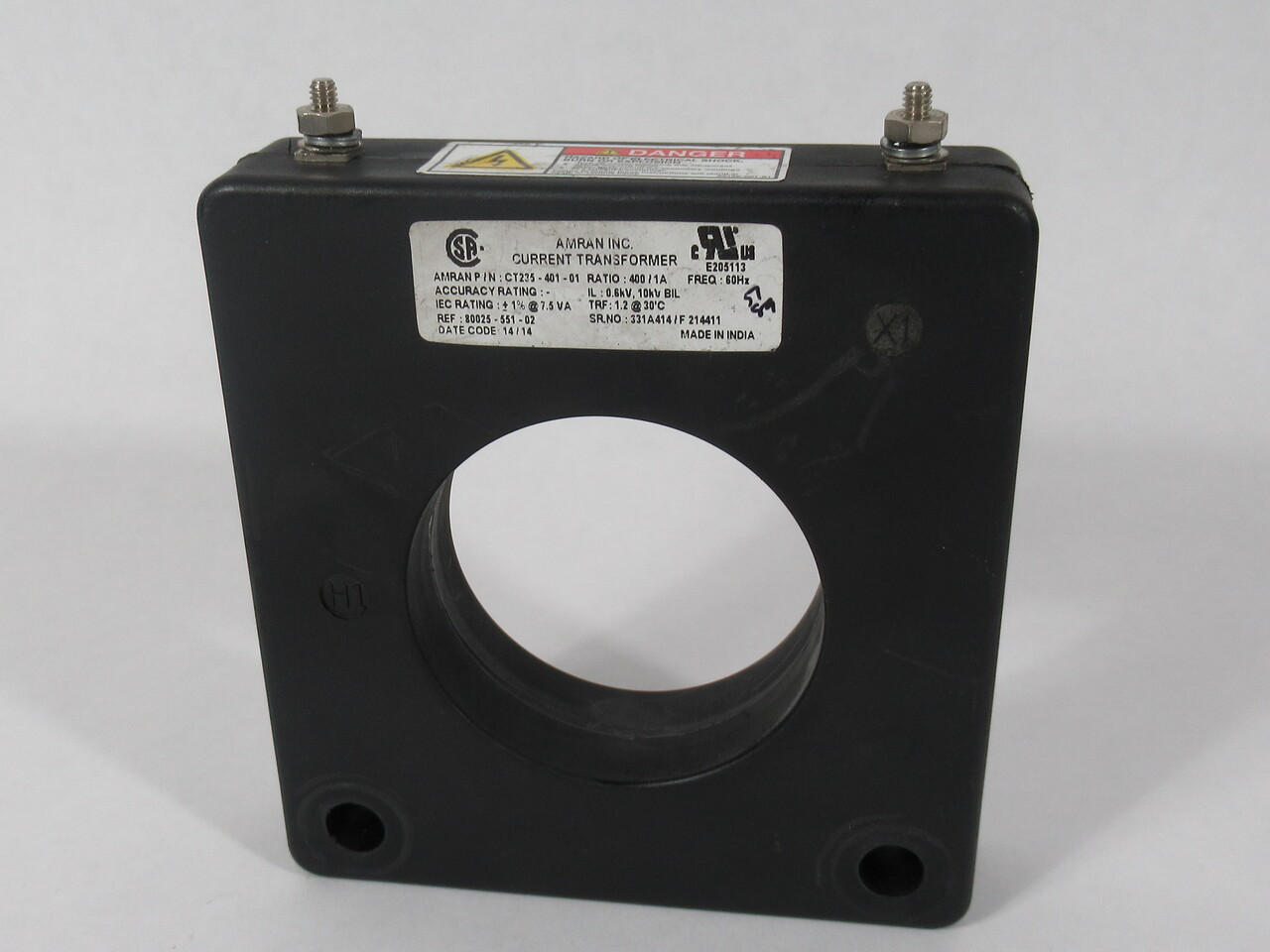 Amran Inc CT235-401-01 Current Transformer Ratio 400/1A 0.6kV 10kV BIL 60Hz USED