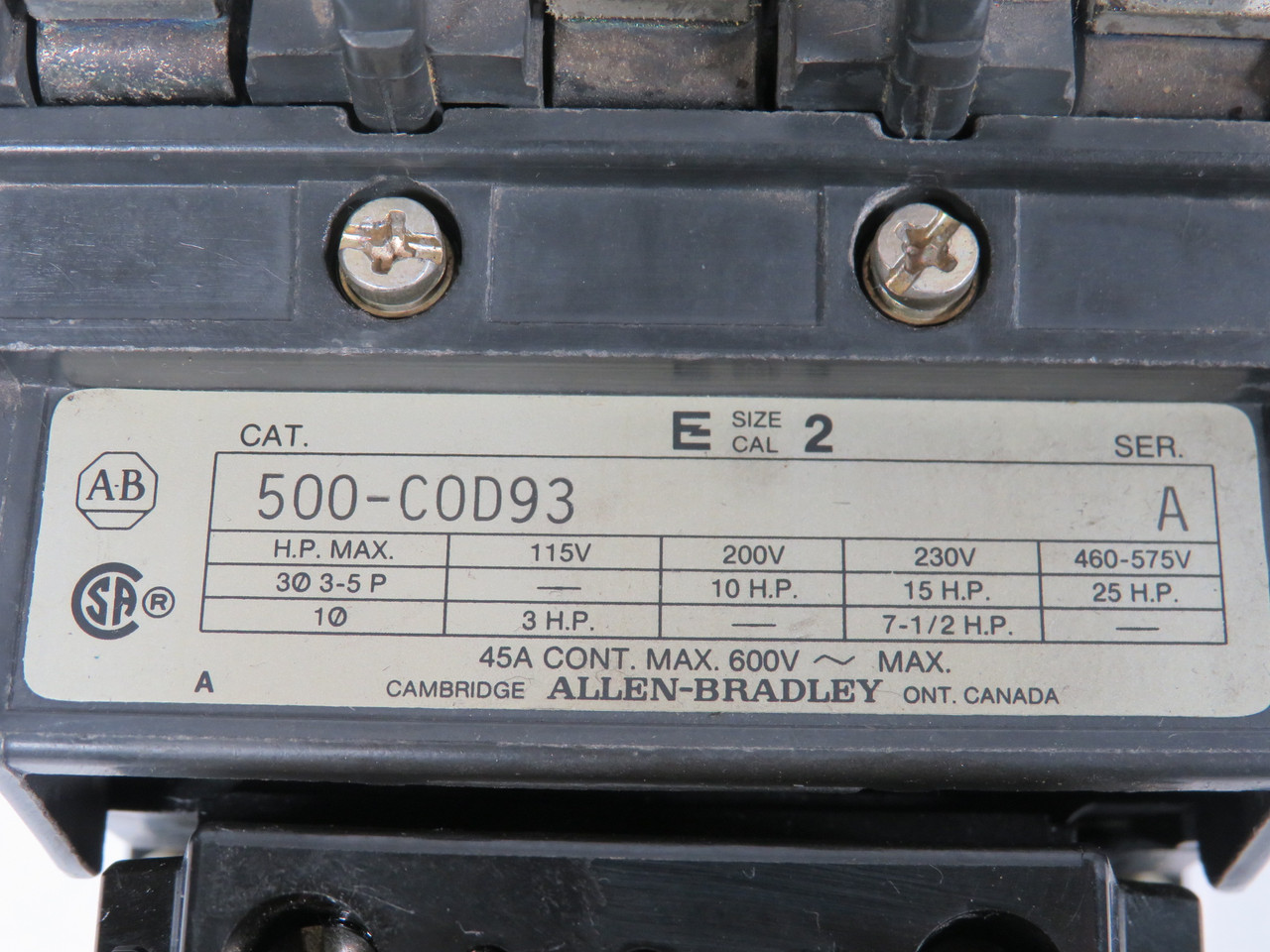 Allen-Bradley 500-COD93-X4 Series A Contactor 45A 3 Pole 120VAC Coil Size 2 USED