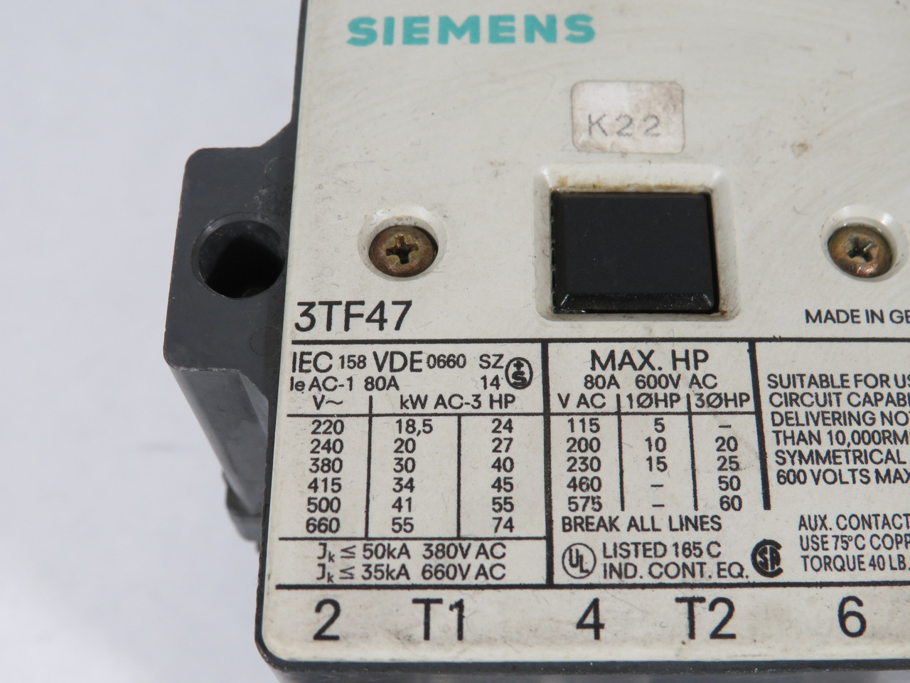 Siemens 3TF47-22-0XJ1 Contactor 80A 96V@50Hz 115V@60Hz MISSING HARDWARE USED